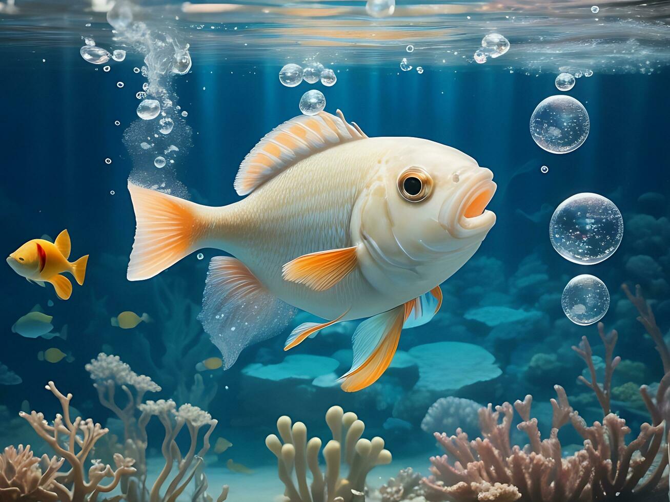 A fish with bubbles in the under water background photo