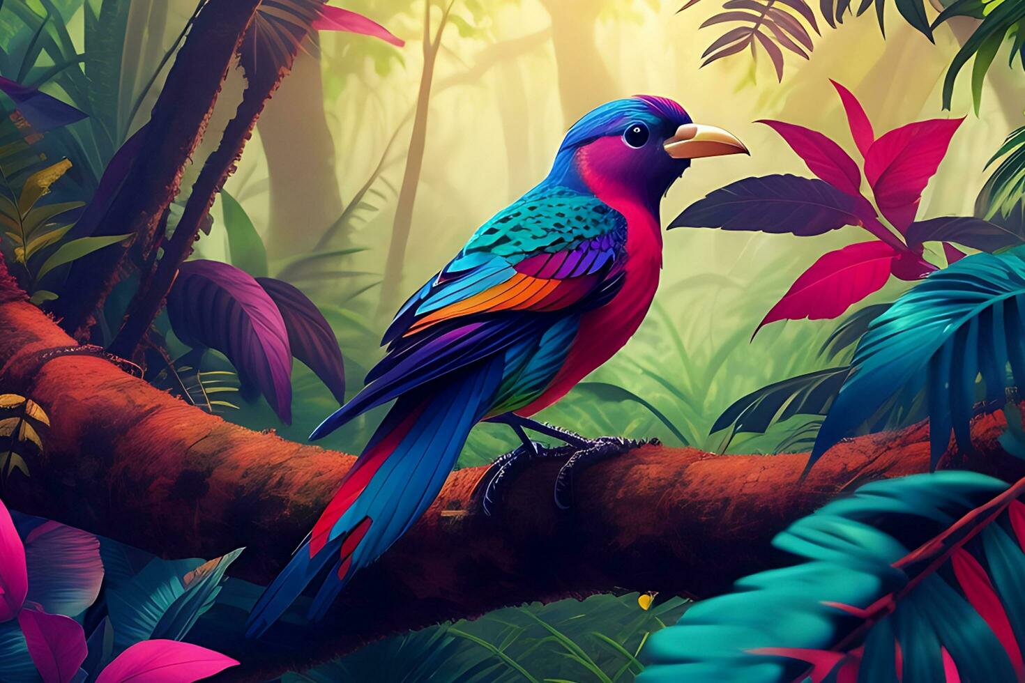 Colorful bird in the forest nature scene futuristic jungle background photo