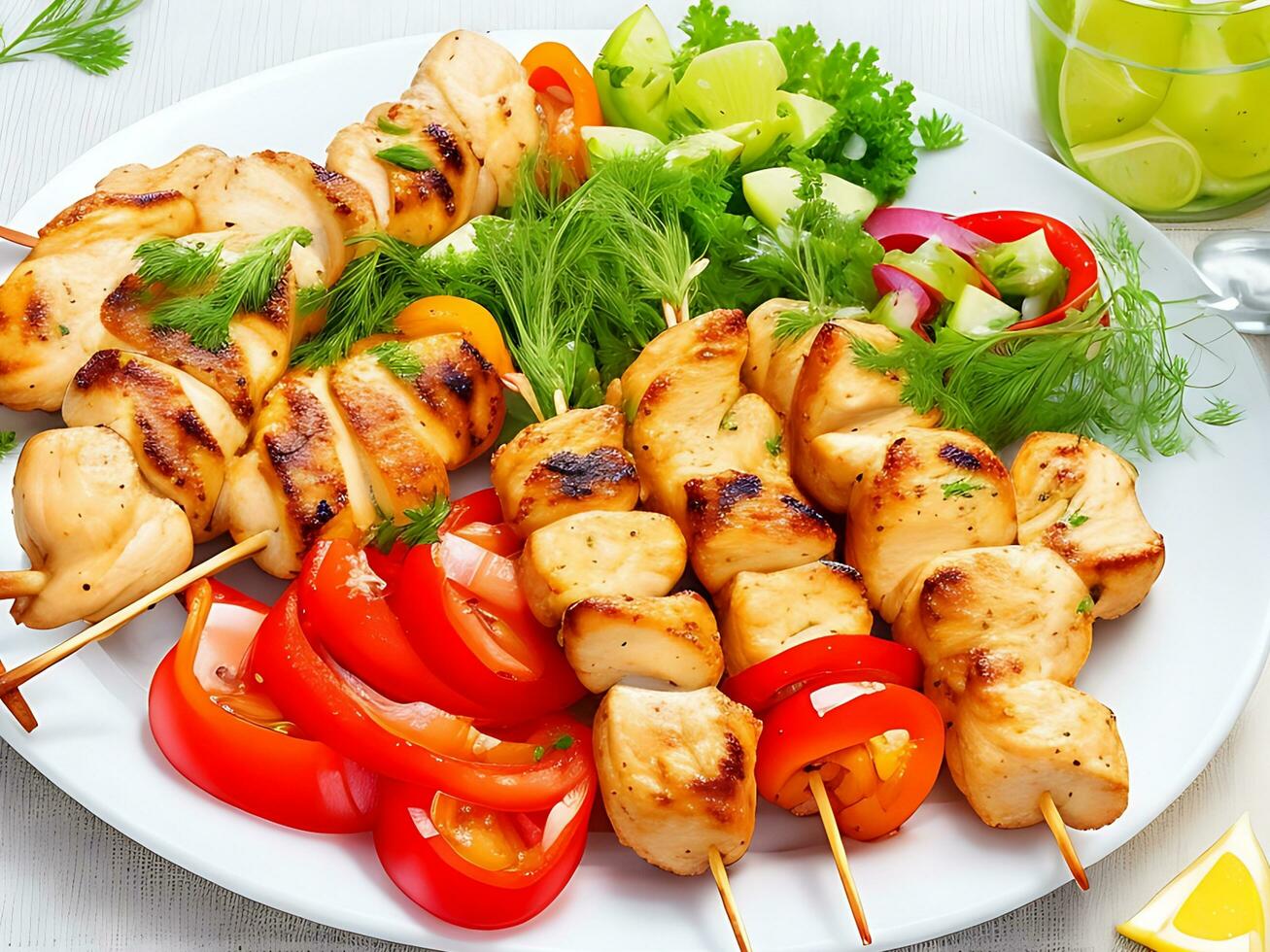 Chicken skewers with slices of sweet peppers and tomato photo