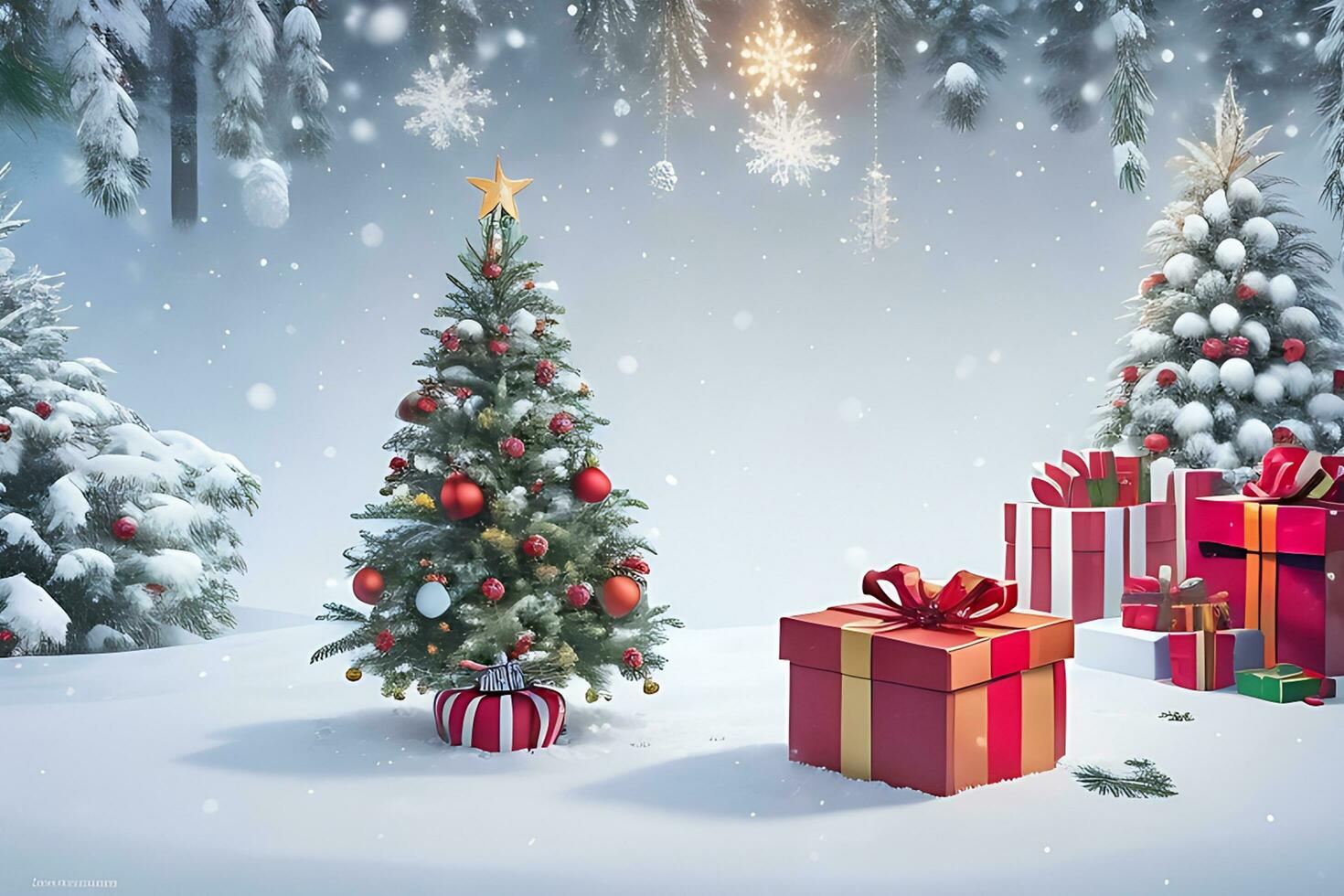 New Year Background with realistic festive gifts box snowfall with Christmas tree photo