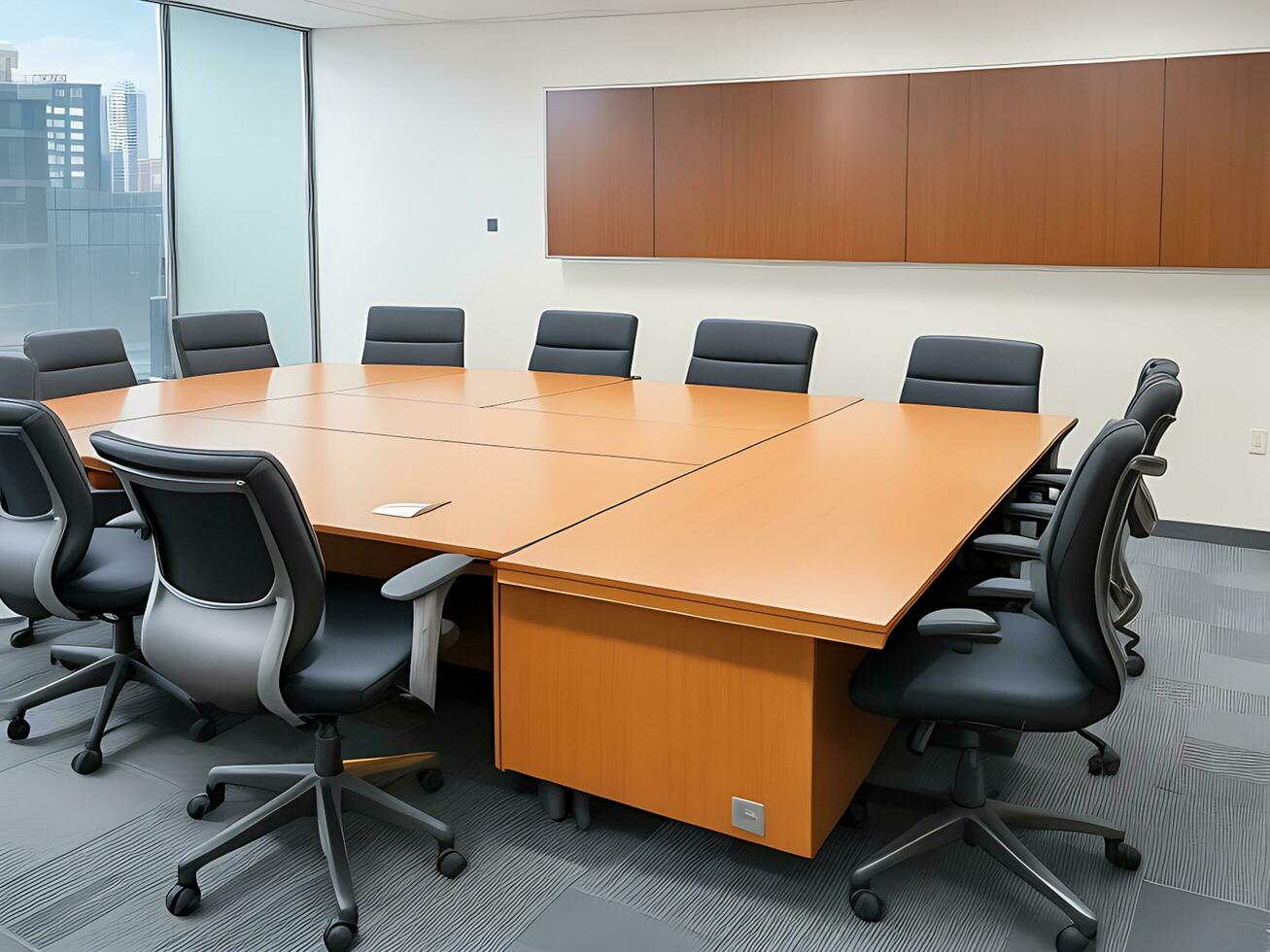 A conference room with a desk photo