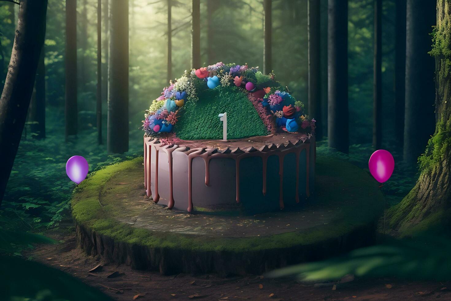 Large Size of Birthday Cake in the forest nature background photo