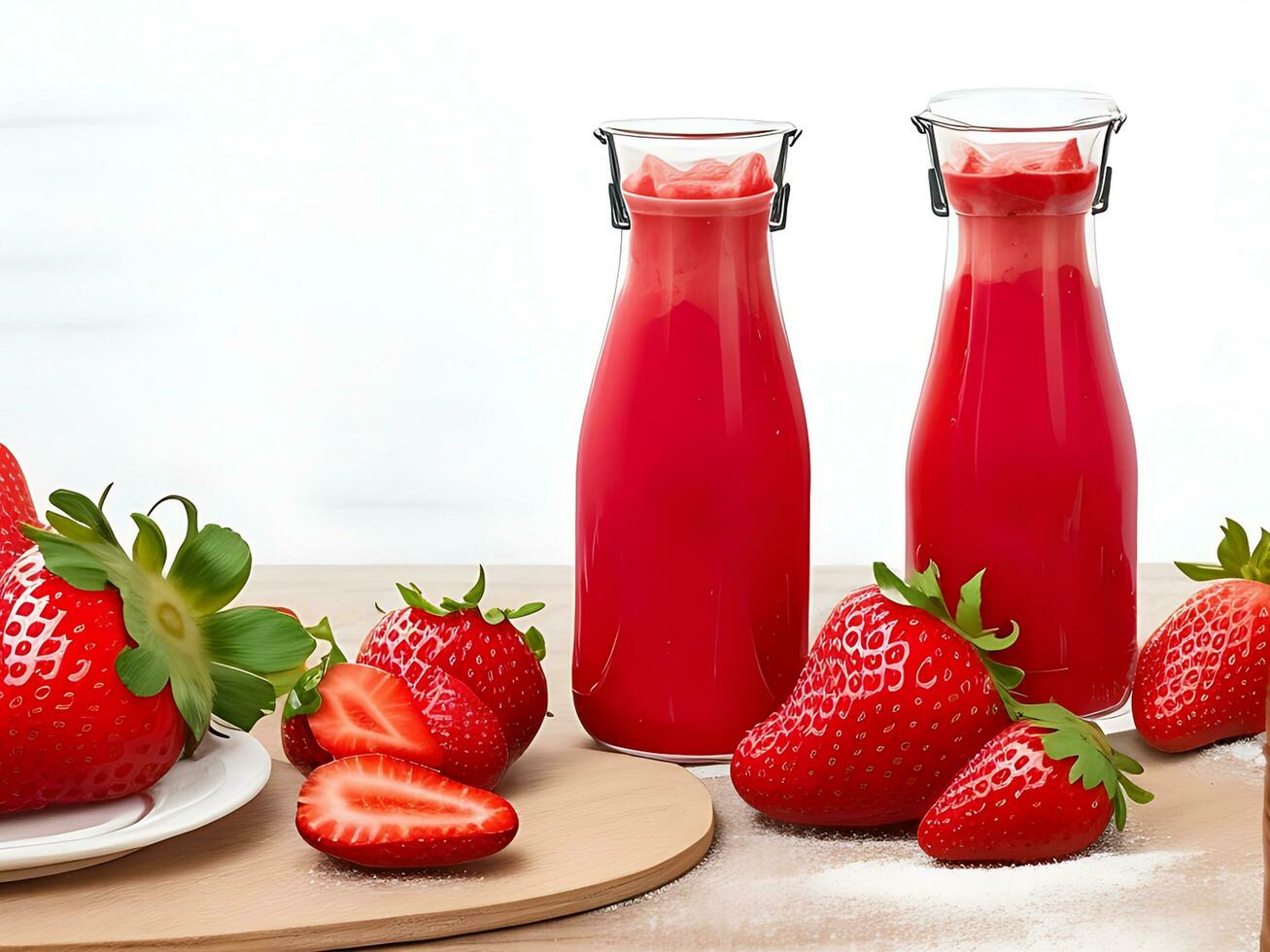 A few bottles of strawberry juice, strawberries, and strawberries are on a wooden table photo