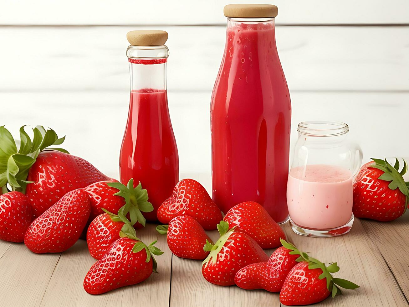 A few bottles of strawberry juice, strawberries, and strawberries are on a wooden table photo