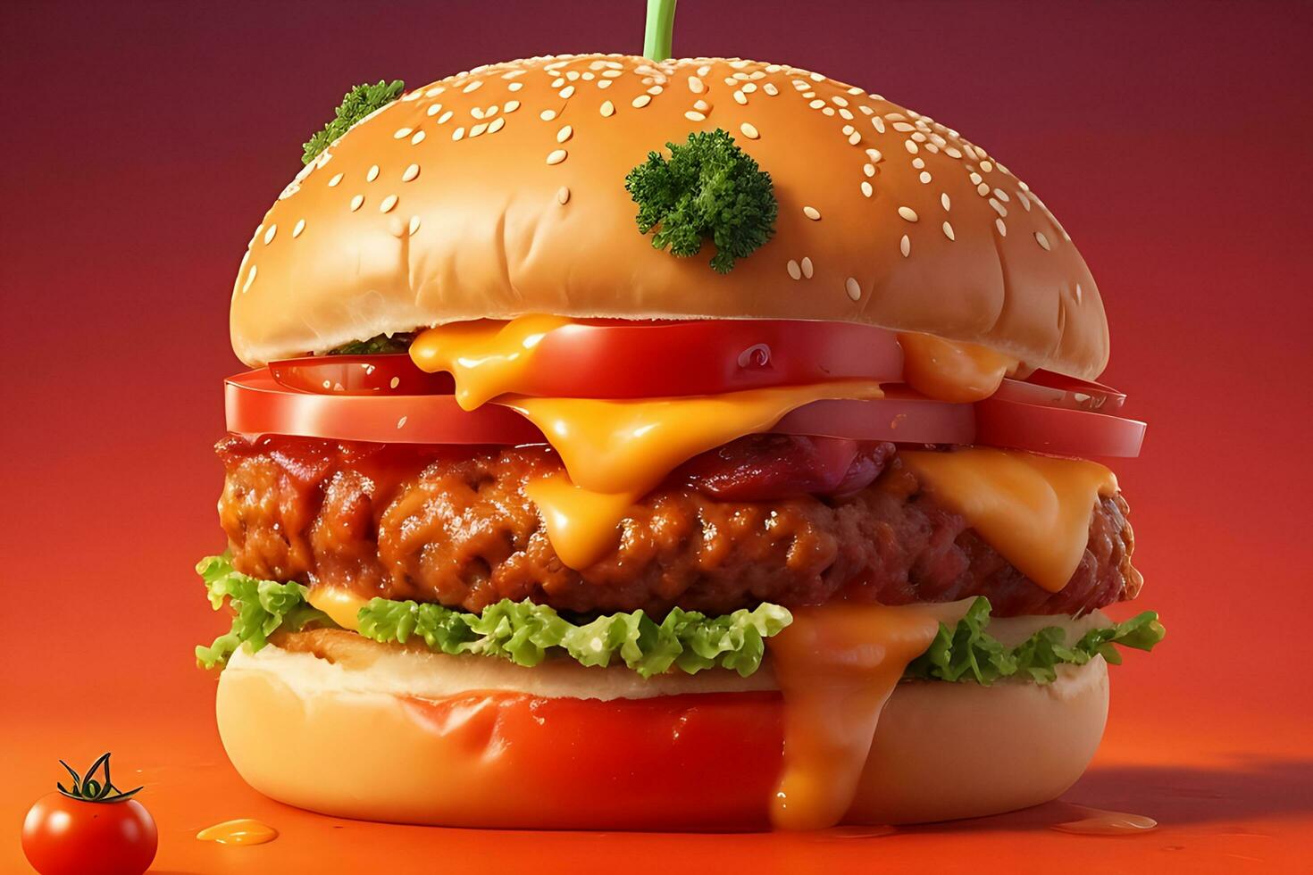 Hamburger tomato onion with cheese dripping photo