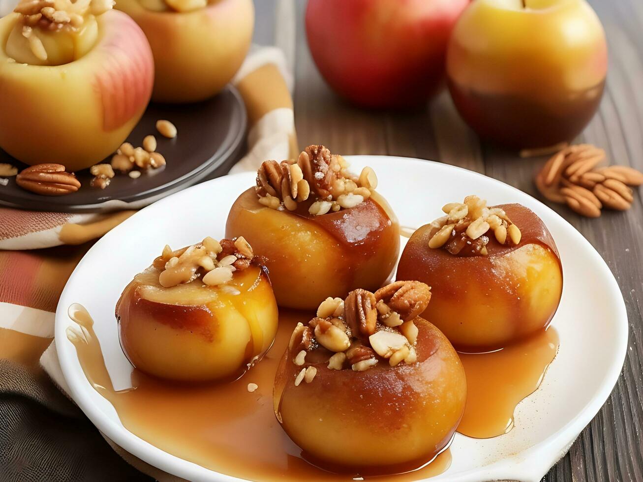 A plate of Baked apples with honey and nuts photo