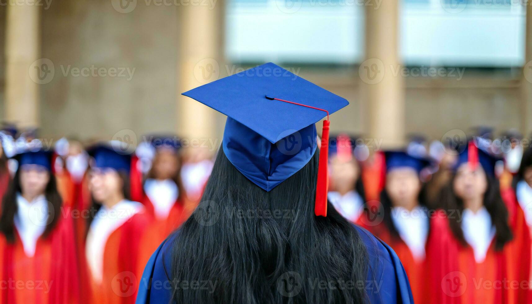 Rear view of a young university graduate standing and wearing graduation gown and cap. photo