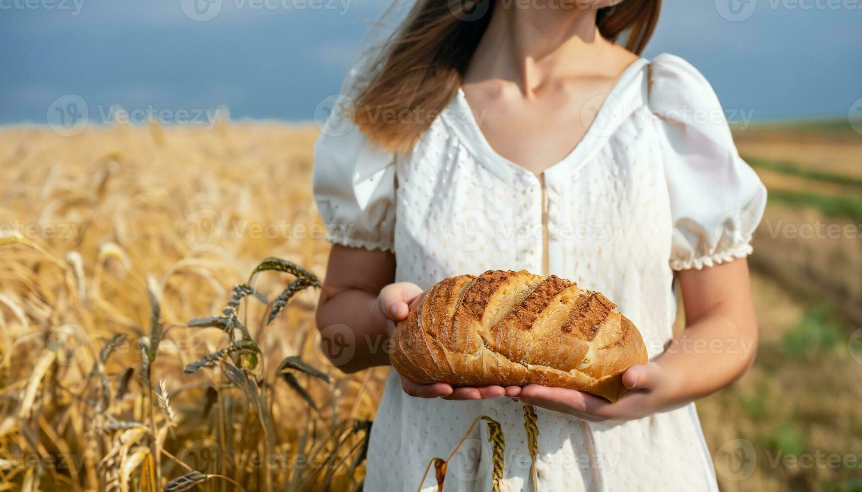 Woman holding bread among Ukrainian wheat field photo