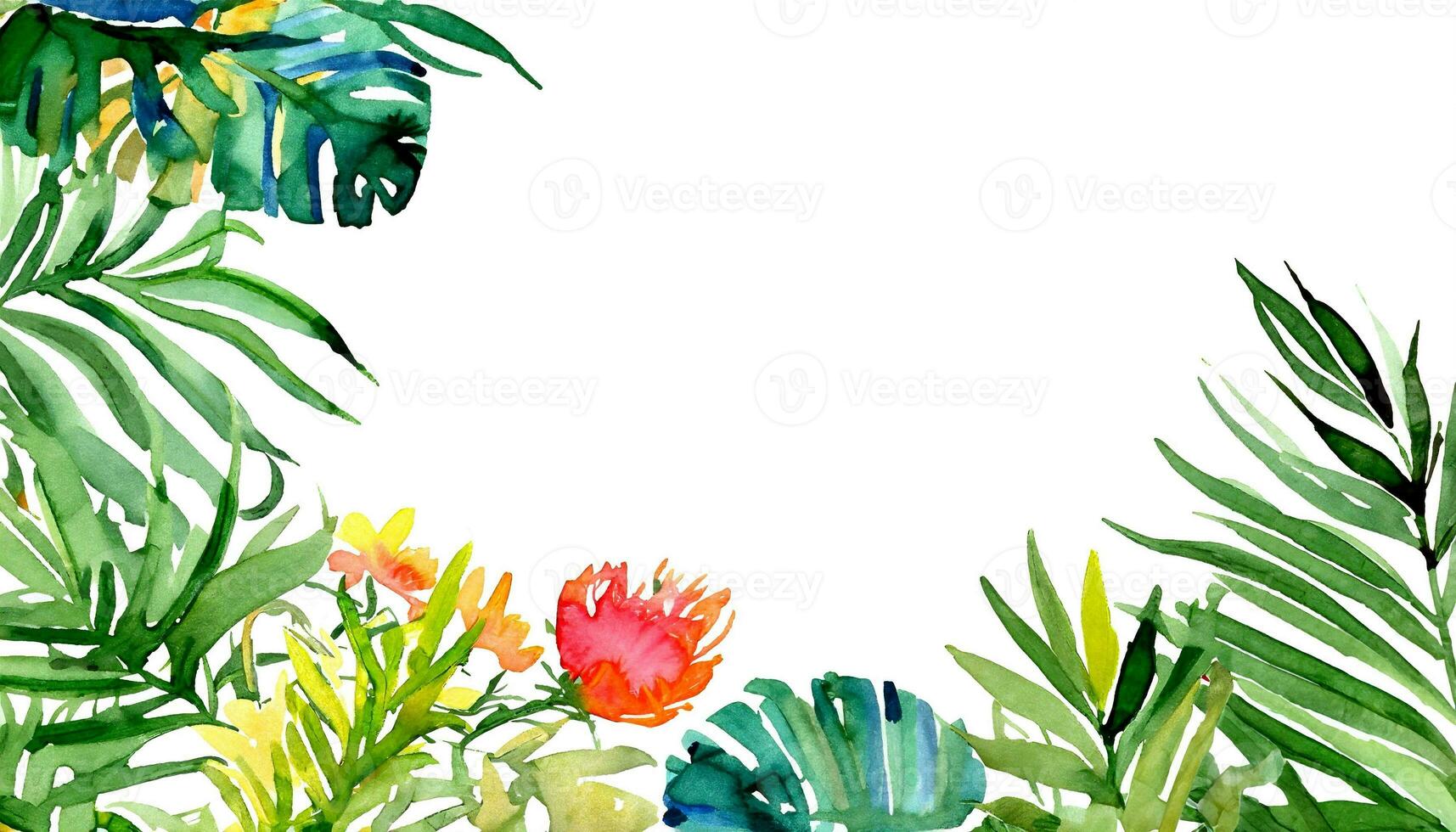 Exotic watercolor tropical frame border palm tree. Summer background. AI Generative photo