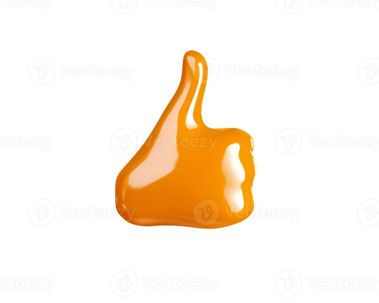 Delicious melted caramel love. Flow, wave and drops splash caramels sauce thumb up. Sweet food isolated on white background. AI Generative photo