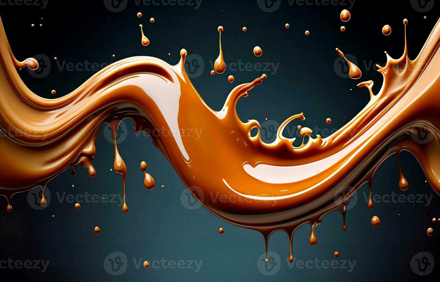 Delicious melted caramel texture. Flow, wave and drops splash caramels sauce. Sweet food design background. photo