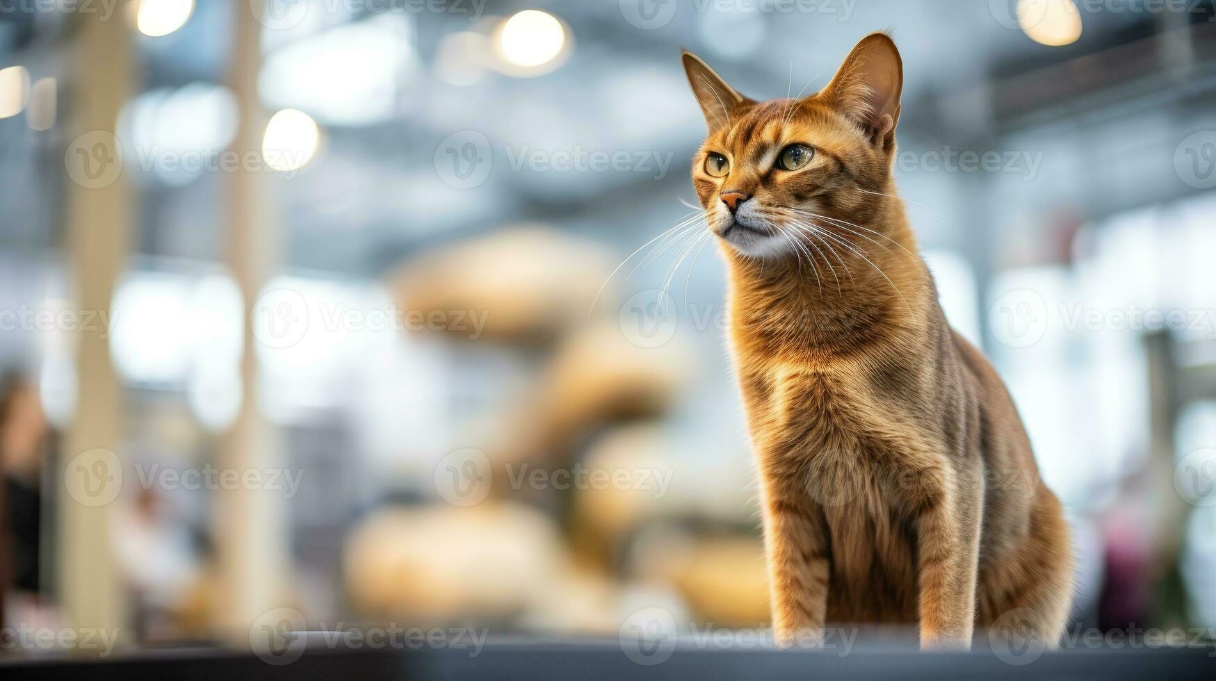 A pedigreed purebred Abyssinian cat at an exhibition of purebred cats. Cat show. Animal exhibition. Competition for the most purebred cat. Winner, first place, main prize. AI generated photo