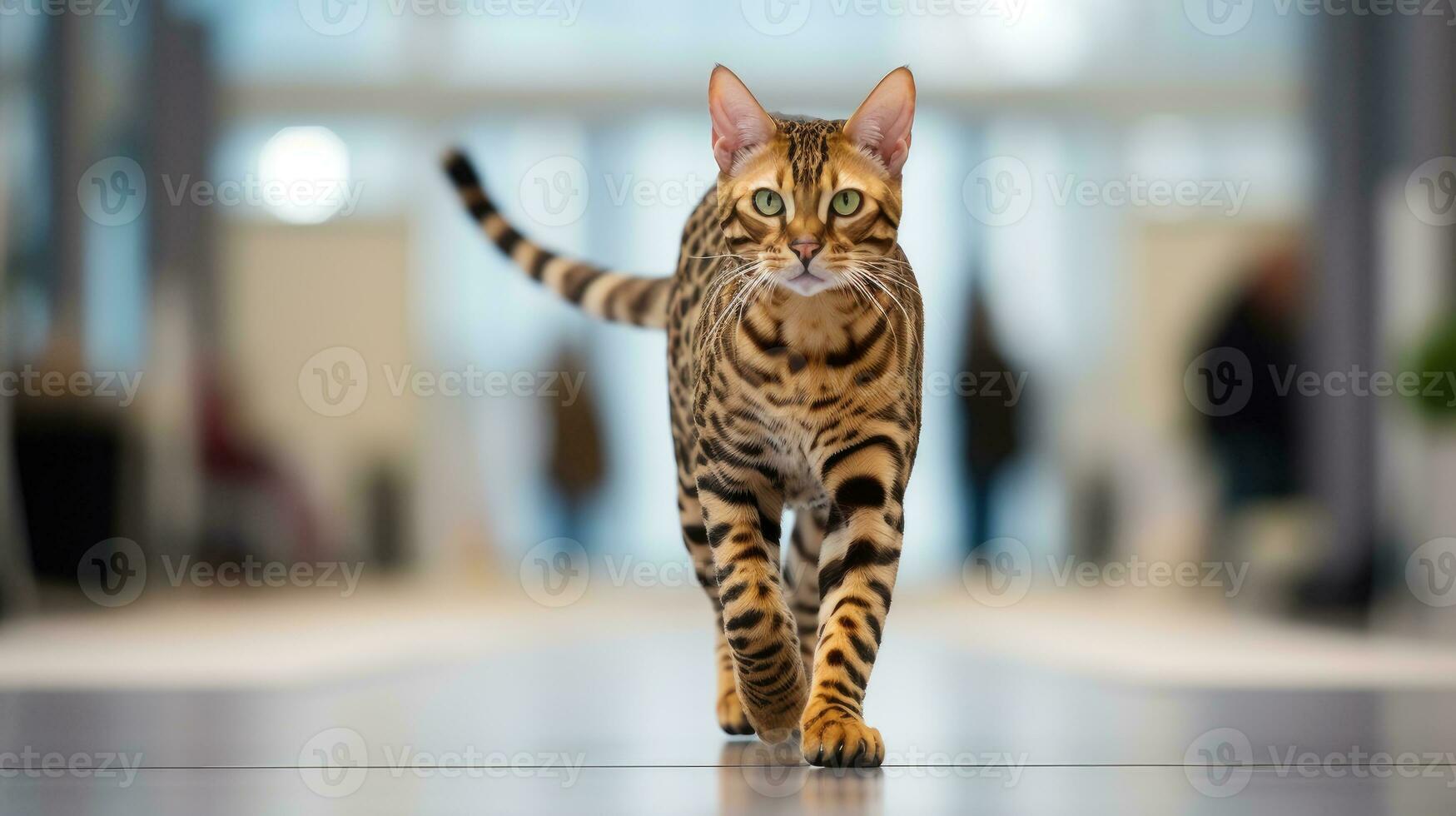 A pedigreed purebred Bengal cat at an exhibition of purebred cats. Cat show. Animal exhibition. Competition for the most purebred cat. Winner, first place, main prize. AI generated photo