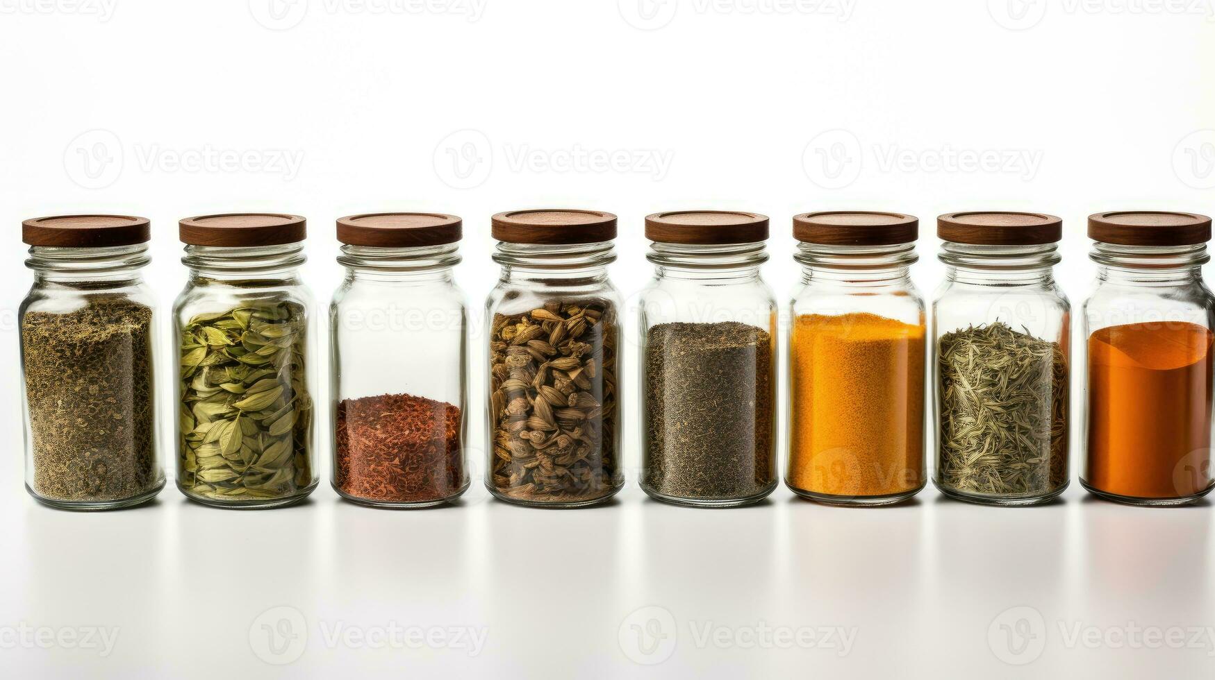 Glass jars with different types of spices in a row, white background, close-up view. Spices for cooking. Seasonings for dishes. Food photo, restaurant, menu, website design AI generated photo