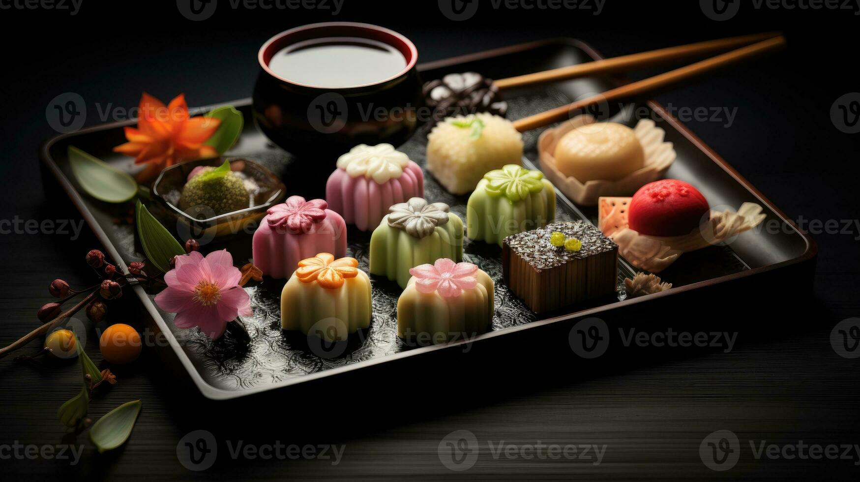 Japanese wagashi traditional sweets on a lacquered tray. The colorful confections. A healthy dessert made from natural ingredients. Sweets from rice and legumes for Japanese tea ceremony. AI generated photo