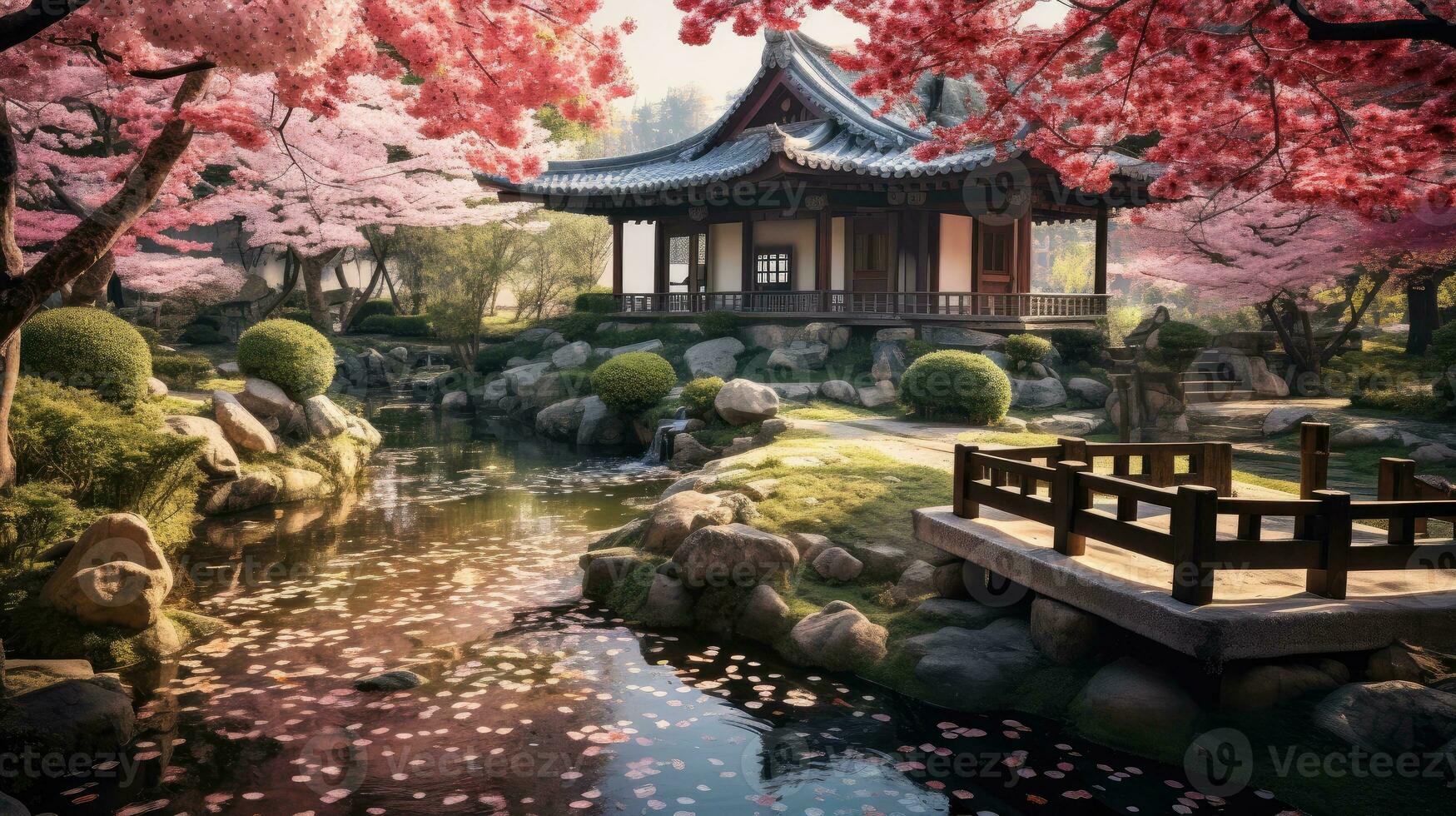Beauty of a Japanese garden, where cherry blossoms bloom, flows clear river, a stone path leads to a tea house. The harmony of nature and architecture is the backdrop for tea gathering. AI generated photo
