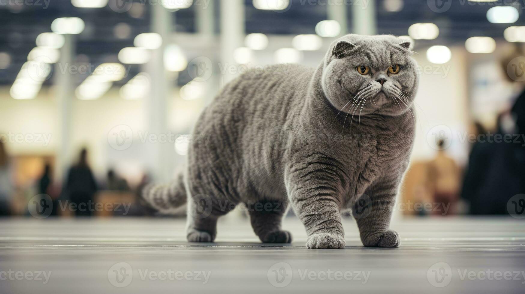 A pedigreed purebred Scottish fold cat at an exhibition of purebred cats. Cat show. Animal exhibition. Competition for the most purebred cat. Winner, first place, main prize AI generated photo