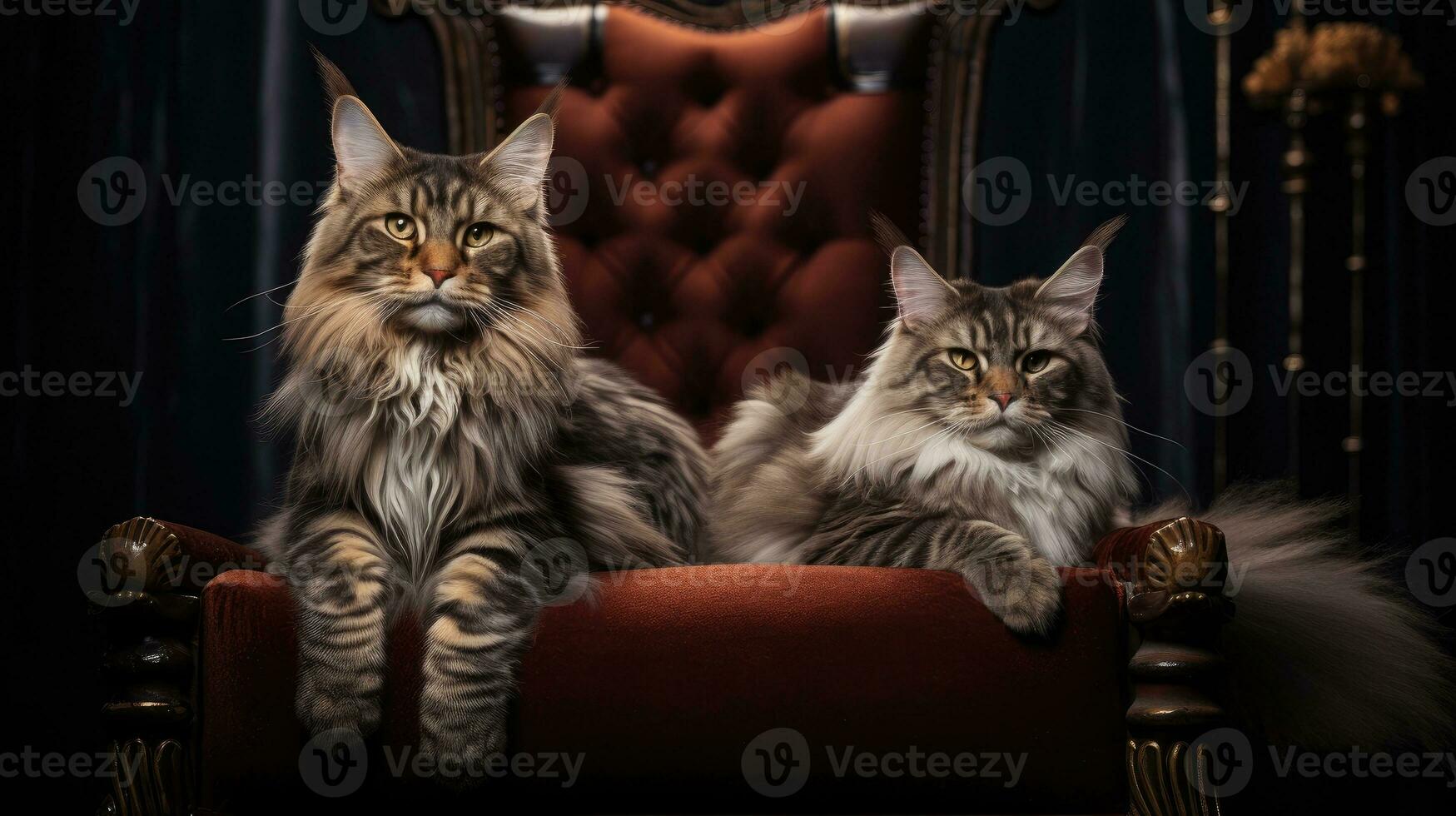 Two pedigreed purebred Maine Coon Cats at an exhibition of purebred cats. Cat show. Animal exhibition. Competition for the most purebred cat. Winner, first place, main prize. AI generated photo