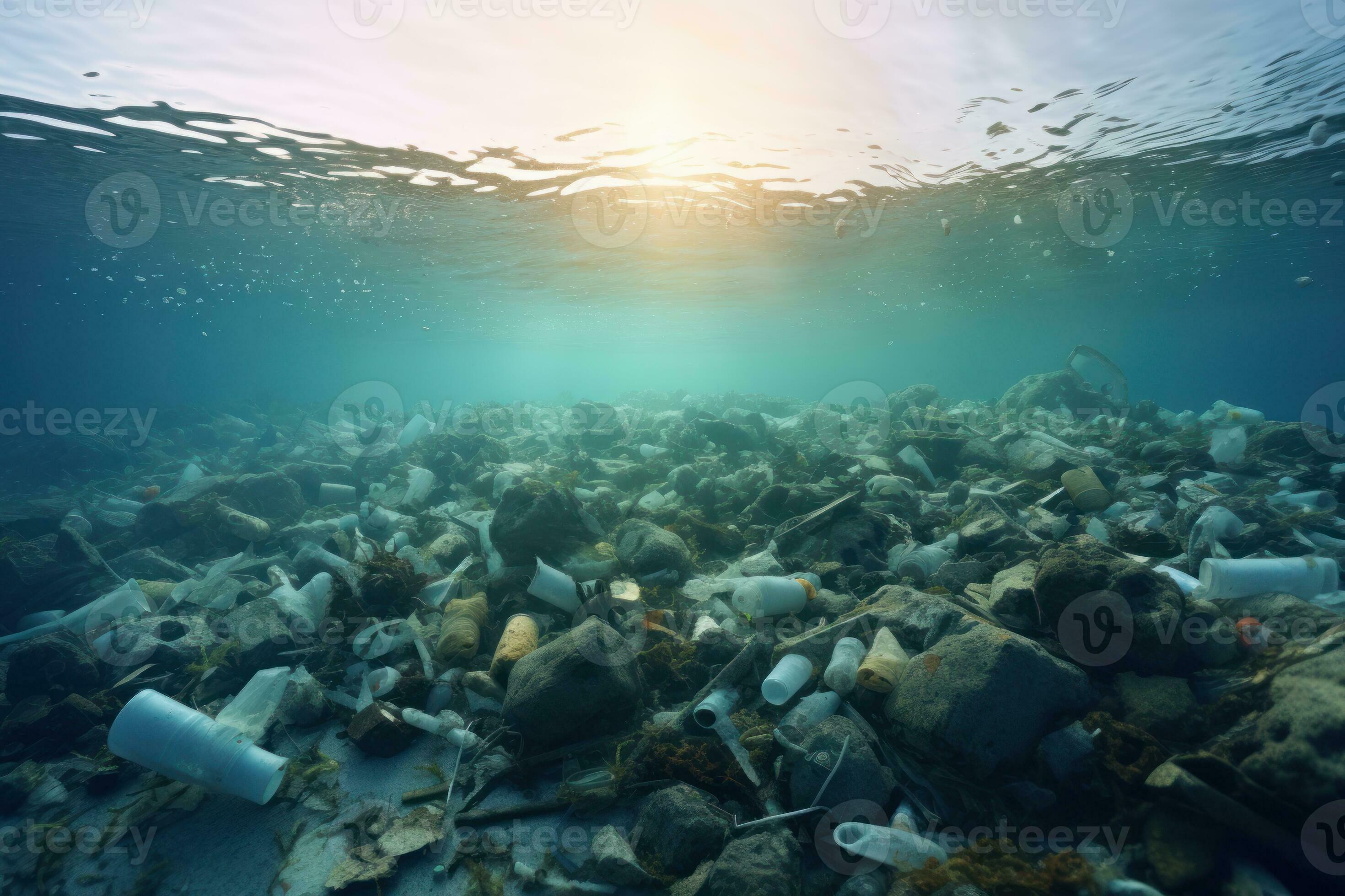 Plastic waste on the bottom of the sea. The concept of environmental ...