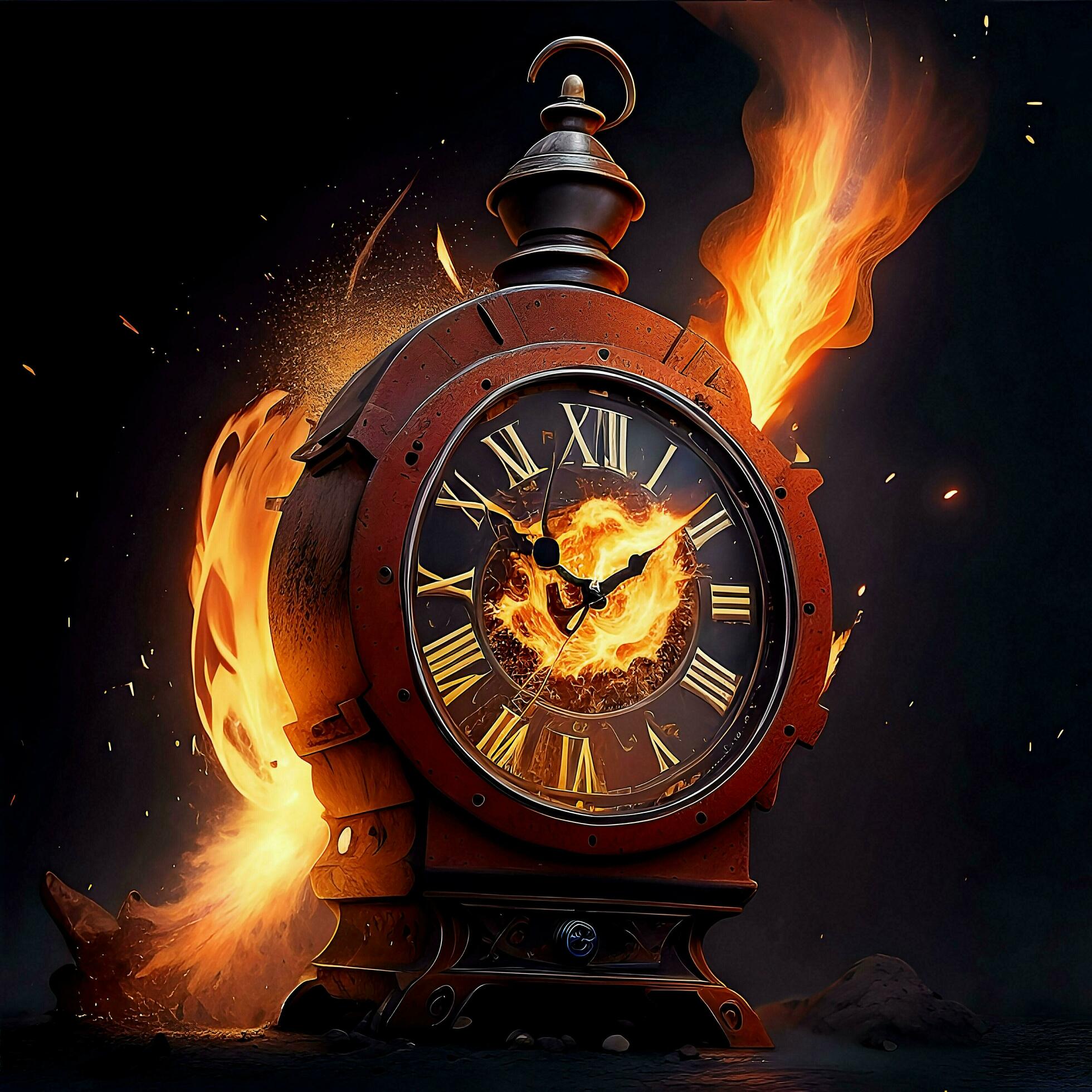 The fiery clock embodies the relentless force of time, leaving behind a