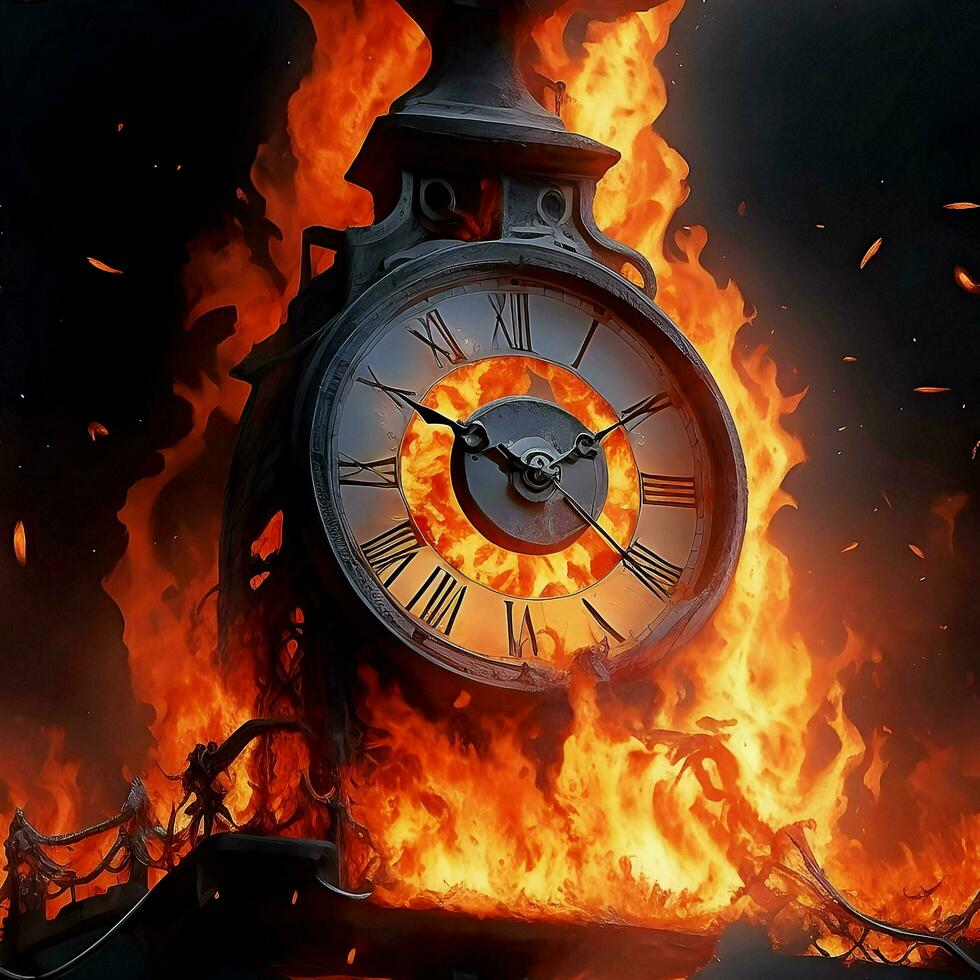 As the clock ignites in flames, the hands spin wildly, counting down to an inevitable fiery end. AI Generated photo