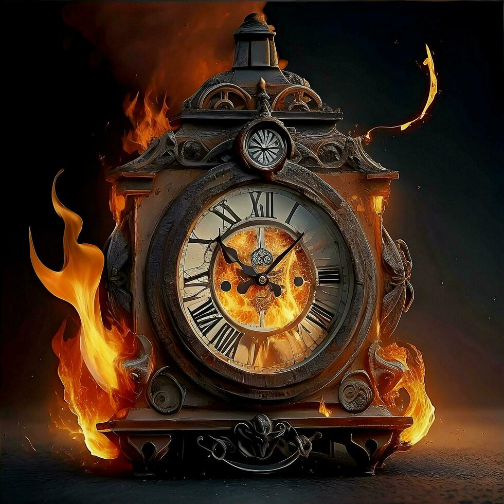 The image of a clock on fire serves as a potent symbol of time slipping away, leaving behind only ashes and memories. AI Generated photo