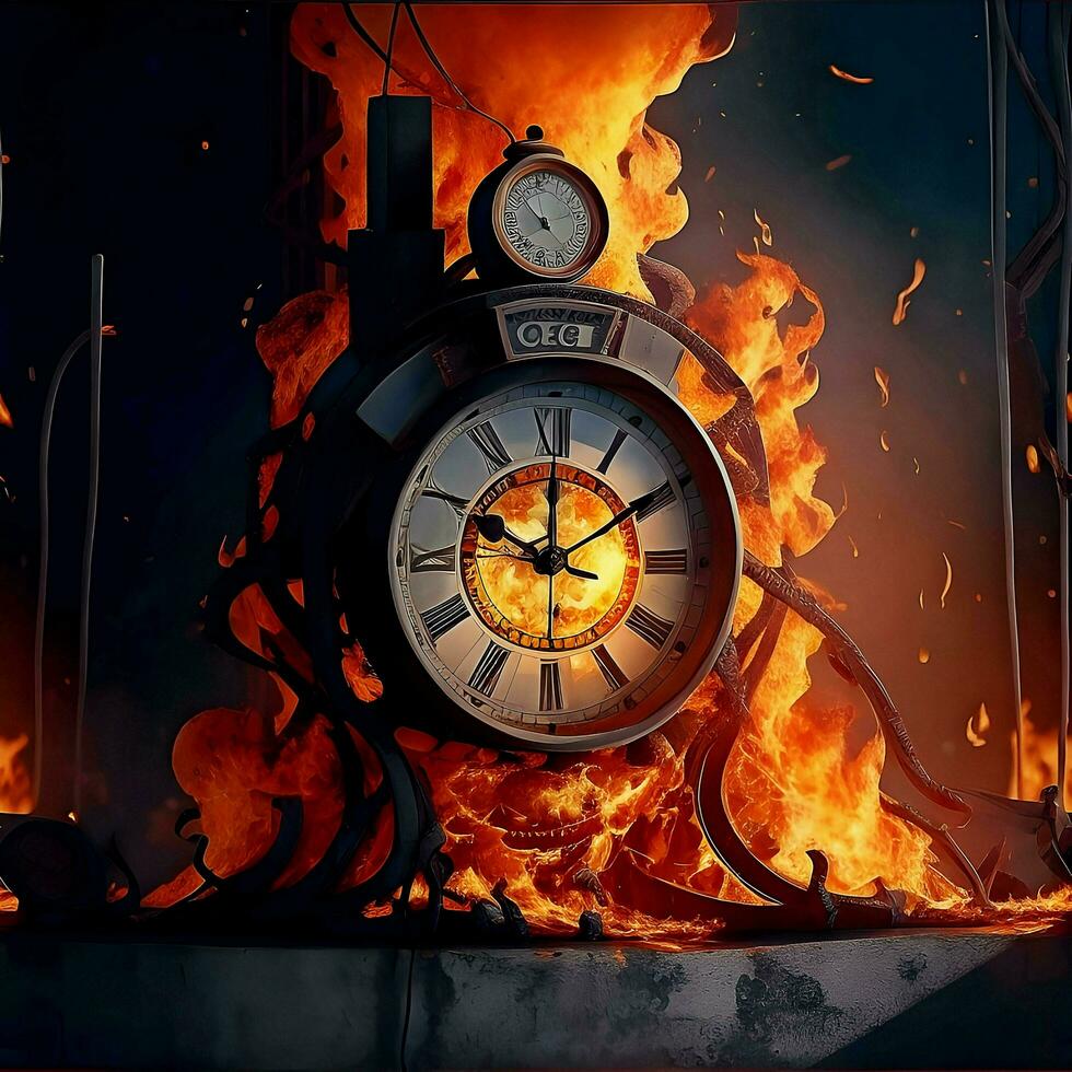 In a surreal scene, a clock engulfed in fire hangs on a wall, representing the unstoppable passage of time and the burning urgency of life. AI Generated photo