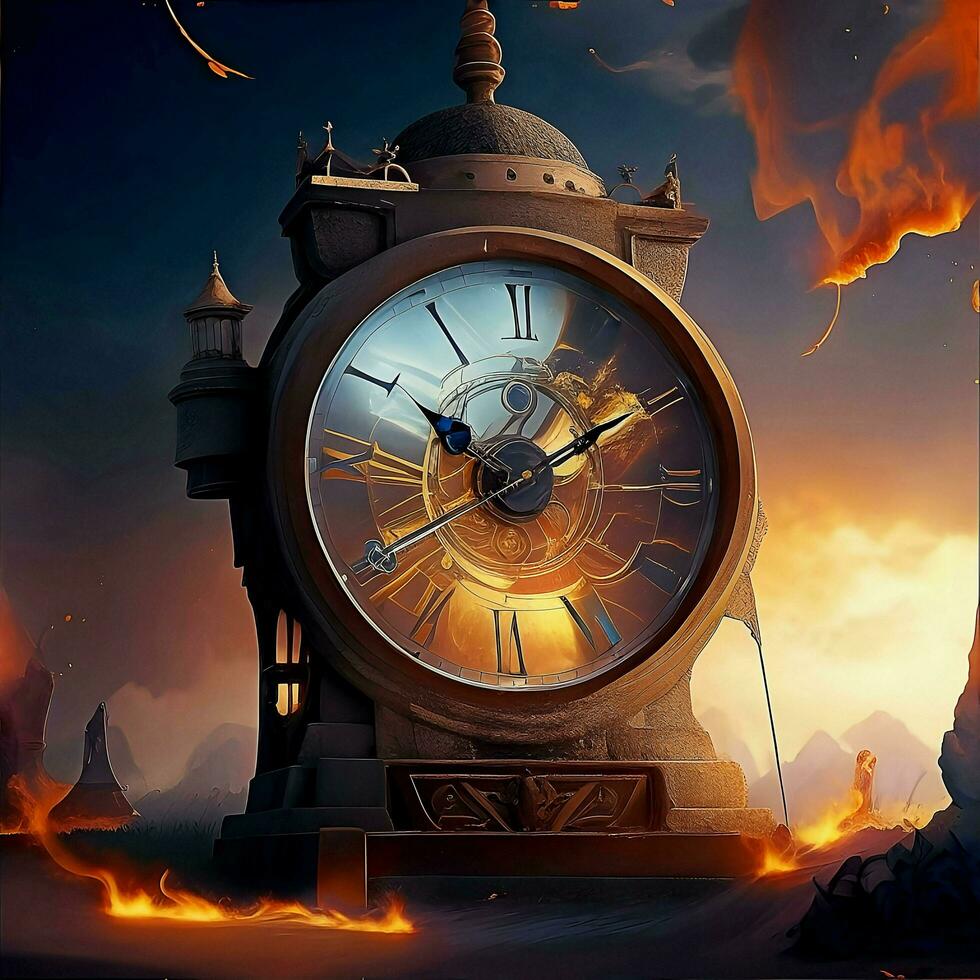 en el reino de Sueños, un reloj ardiendo señales el aceleración de tiempo, propulsor nosotros hacia un desconocido destino. ai generado foto