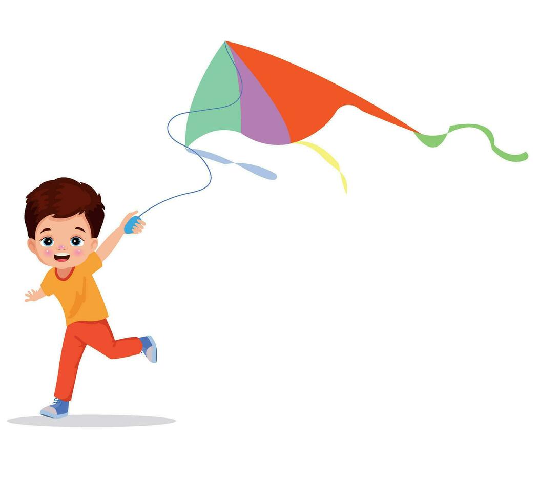 Boy playing kite. Vector illustration of a cheerful boy flying kite