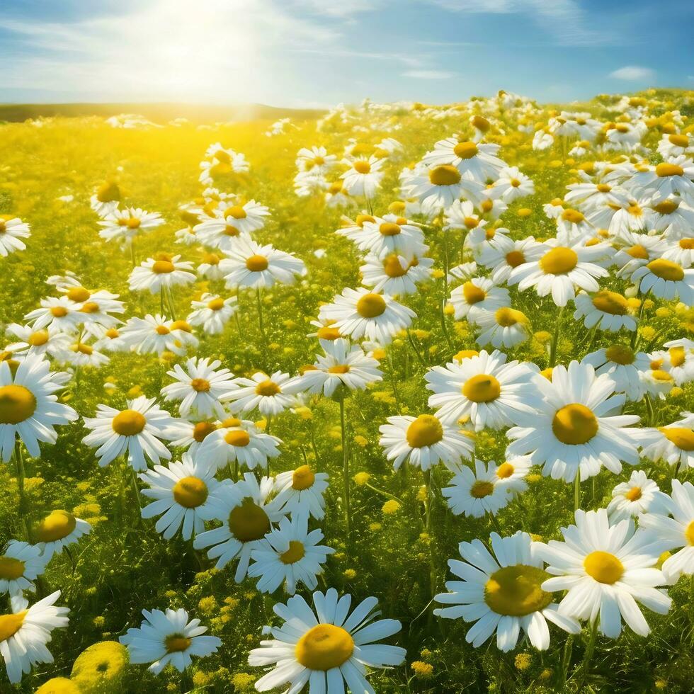Chamomile flower field. Camomile in nature. Field of daisies on a sunny day in nature. daisy flowers on a summer day. Chamomile floral closeup field background in sunlight. Generative Ai. Stock Photo