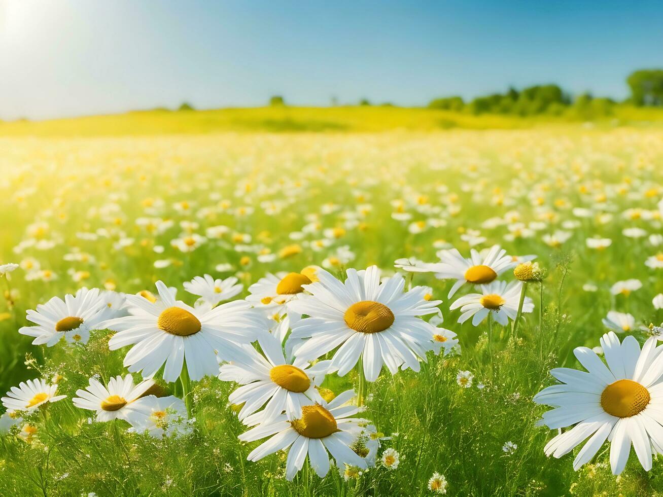 Chamomile flower field. Camomile in nature. Field of daisies on a sunny day in nature. daisy flowers on a summer day. Chamomile floral closeup field background in sunlight. Generative Ai. Stock Photo