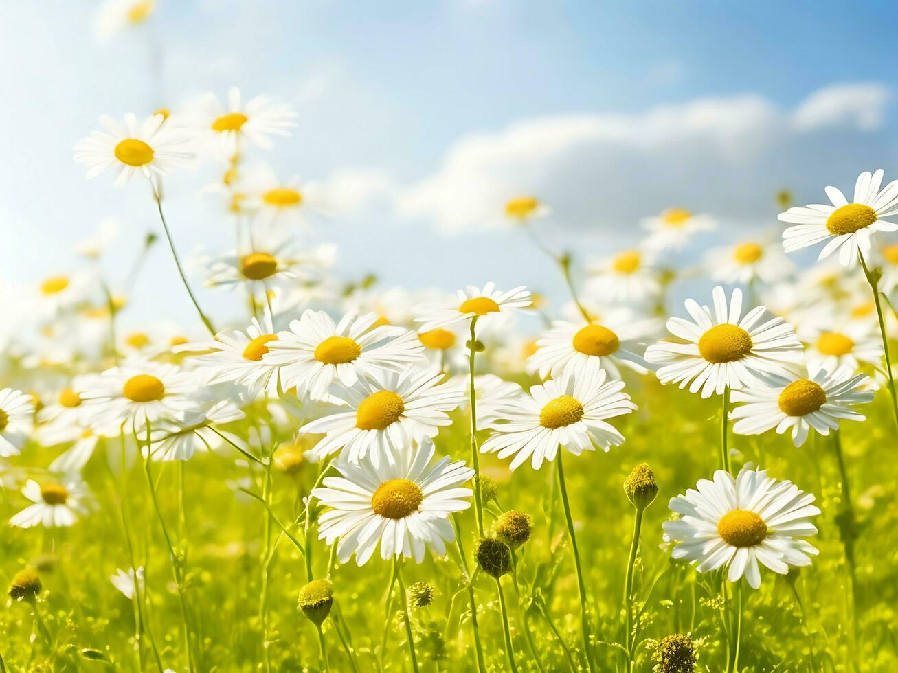 Chamomile flower field. Camomile in nature. Field of daisies on a sunny day in nature. daisy flowers on a summer day. Chamomile floral closeup field background in sunlight. Generative Ai. Stock Photo
