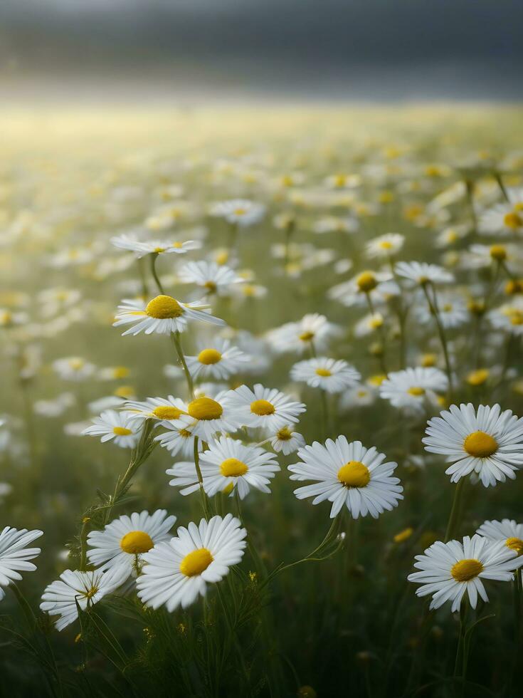 Chamomile flower field. Camomile in nature. Field of daisies on a rainy day in nature. daisy floral in a rainy season. chamomile daisies, glistened in the rain. Generative Ai. Stock Photo