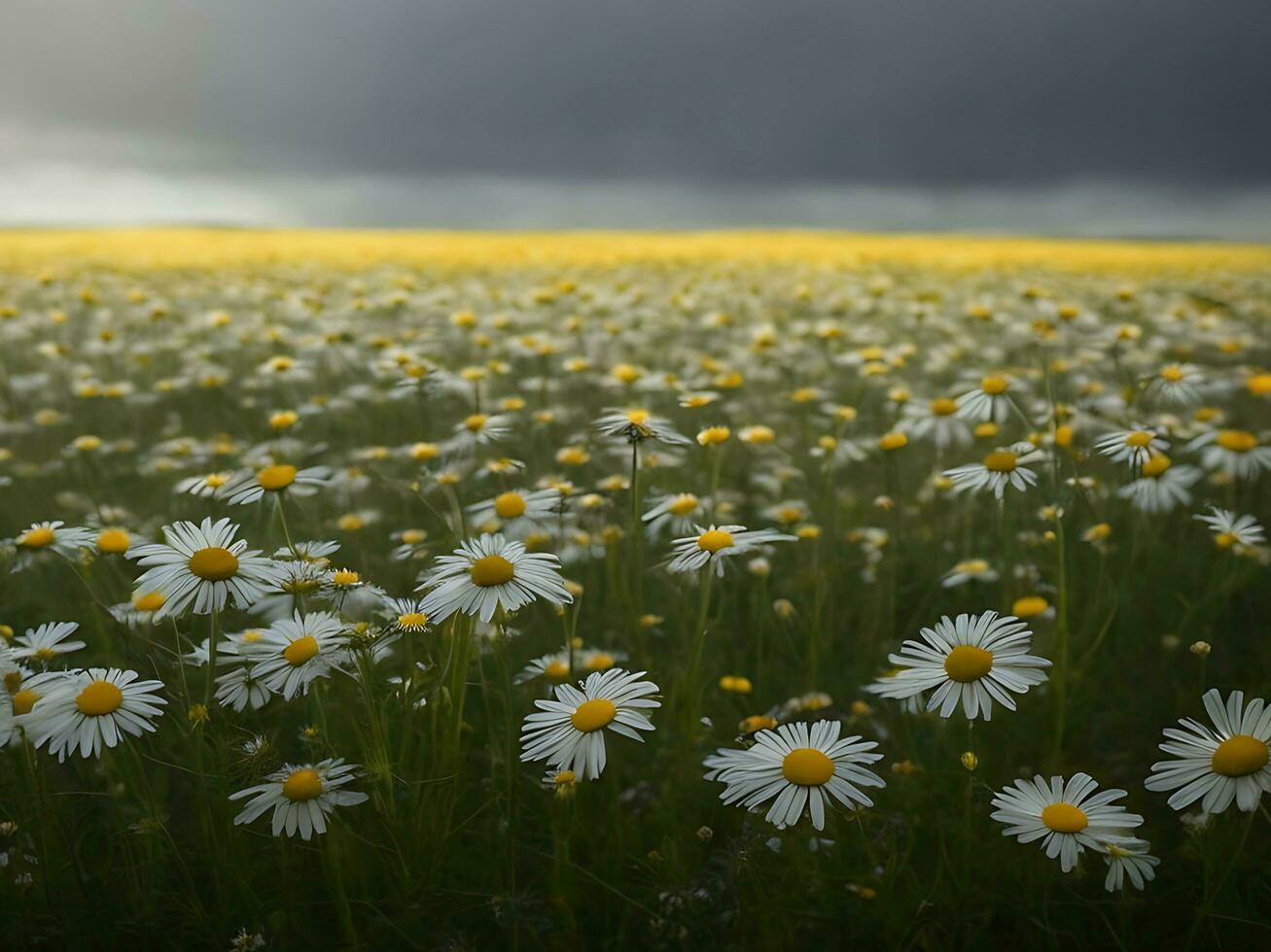 Chamomile flower field. Camomile in nature. Field of daisies on a rainy day in nature. daisy floral in a rainy season. chamomile daisies, glistened in the rain. Generative Ai. Stock Photo