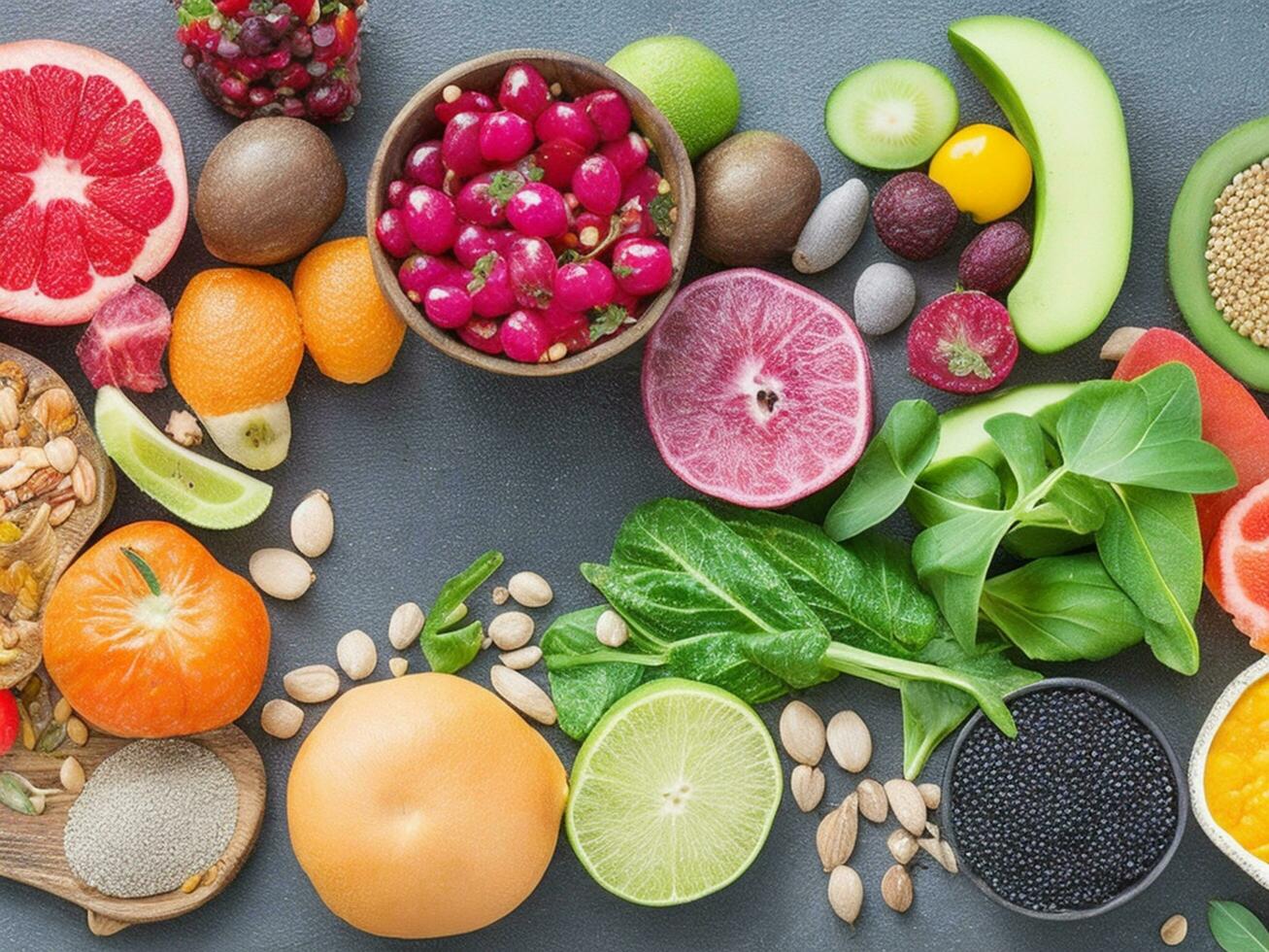 Healthy food, clean eating fruit, vegetable, seeds, superfood, cereals, leafy vegetable on black wood background with copy space, top views. Food Lover. Generative Ai. Free Stock Photo