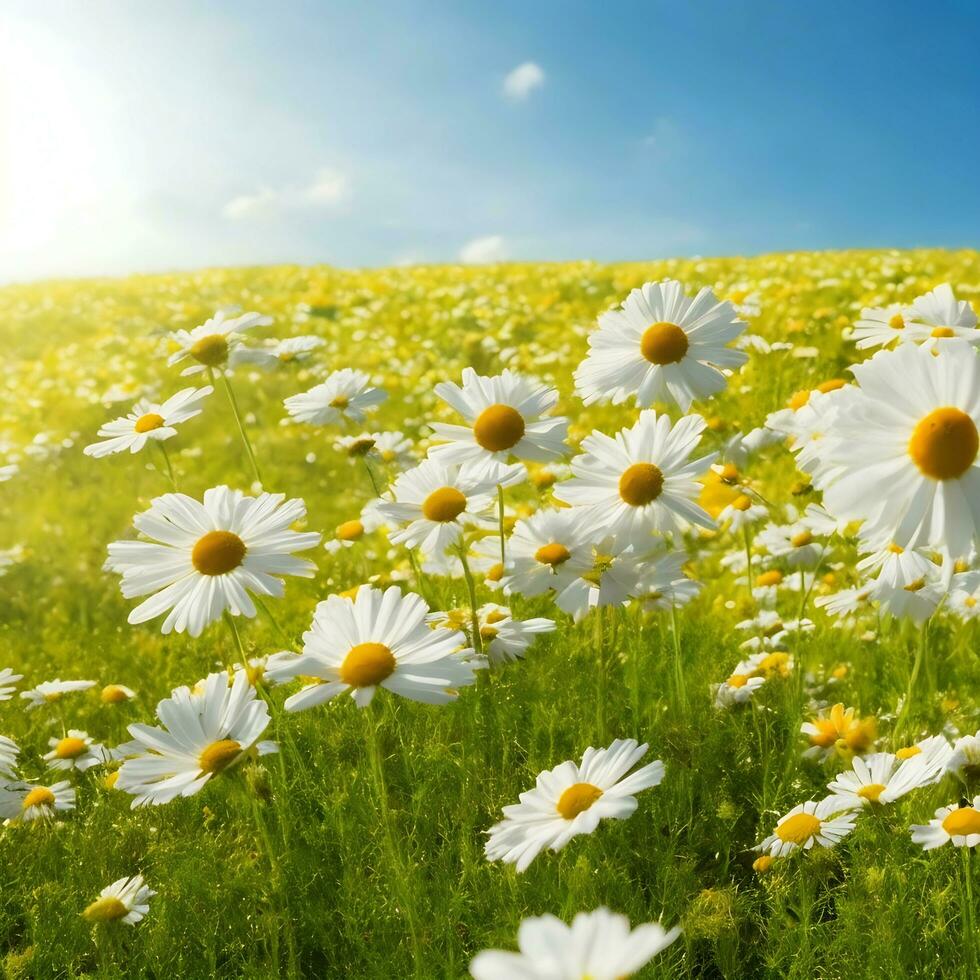 Chamomile flower field. Camomile in nature. Field of daisies on a sunny day in nature. daisy flowers on a summer day. Chamomile floral closeup field background in sunlight. Generative Ai. Stock Photo
