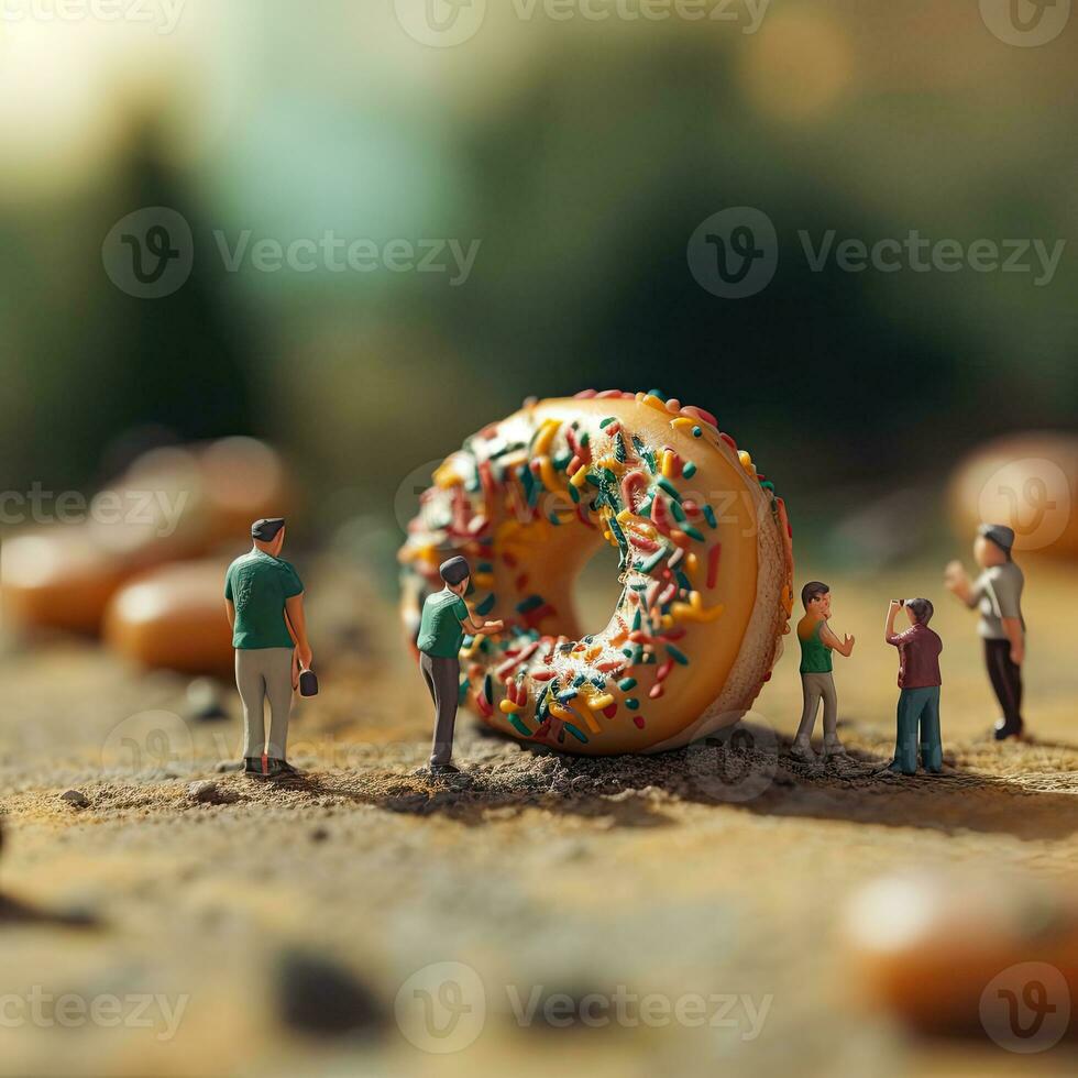 social structures donut with marshmallows and tiny people, AI Generated photo