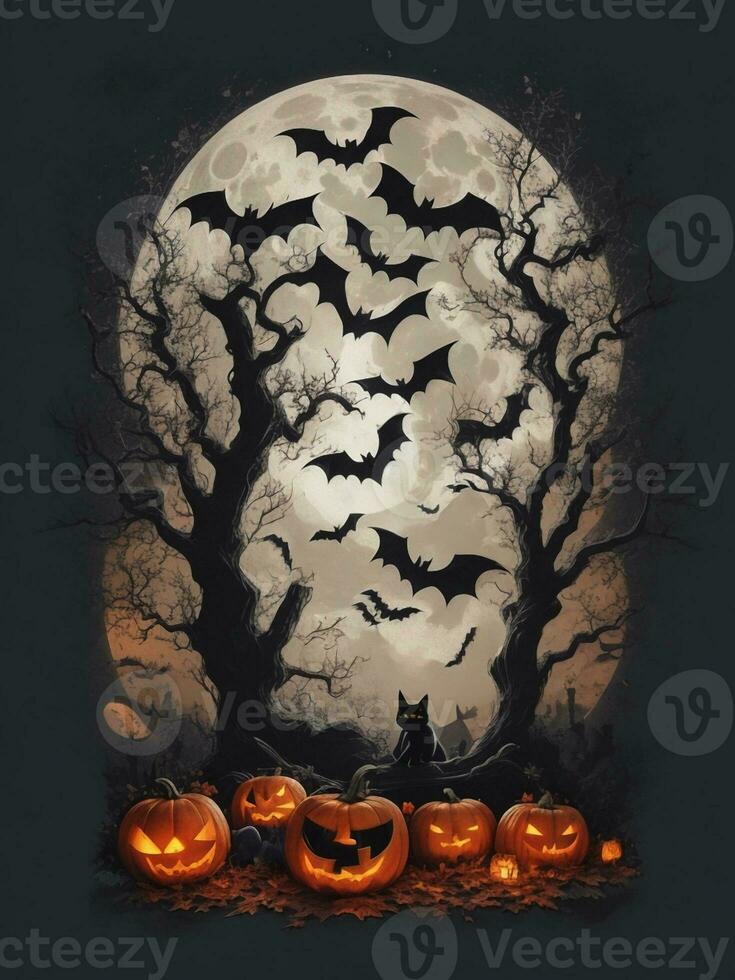 Halloween background with pumpkins, bats and moon. Vector illustration. photo