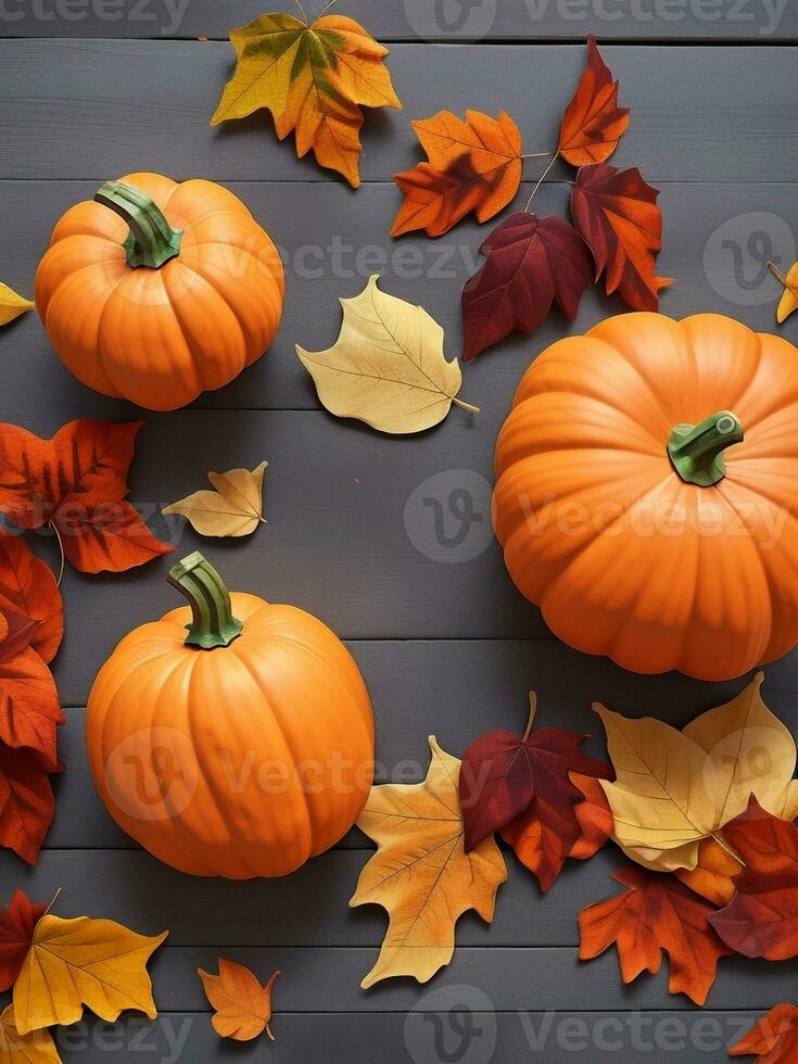 Autumn leaves and pumpkins on wooden background. Flat lay, top view photo