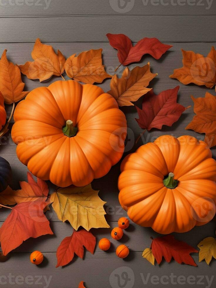 Autumn composition with pumpkins and leaves on dark background. Flat lay, top view. photo