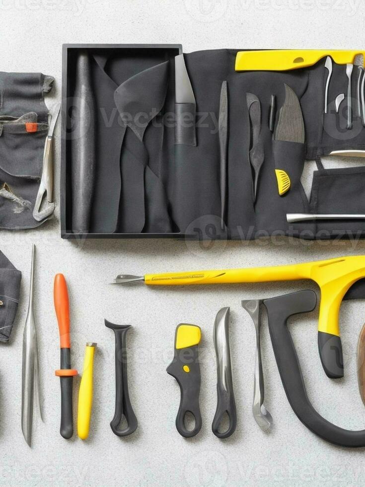 Set of tools in a box on a light background, top view with Generative AI photo