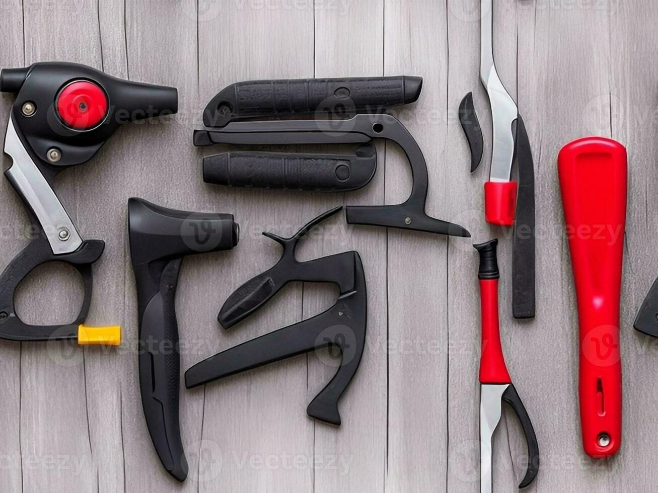 Set of construction tools on wooden background. Top view with copy space with Generative AI photo