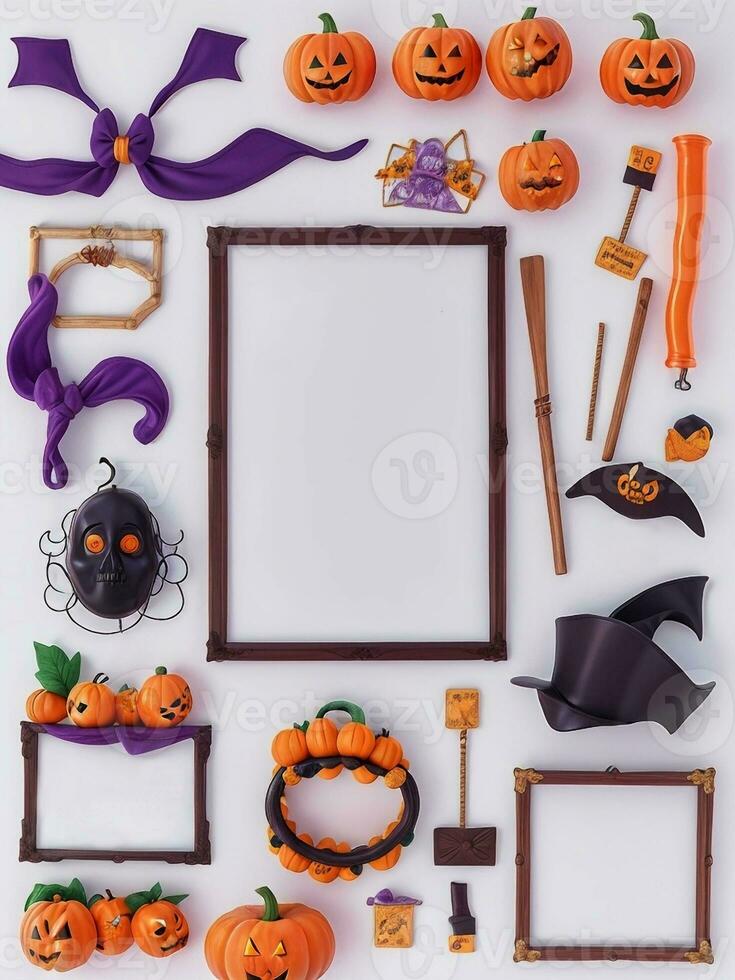 Halloween frame with pumpkins, bats, spiders, witch hat, broom, witch's broom, hat and candies on white background photo