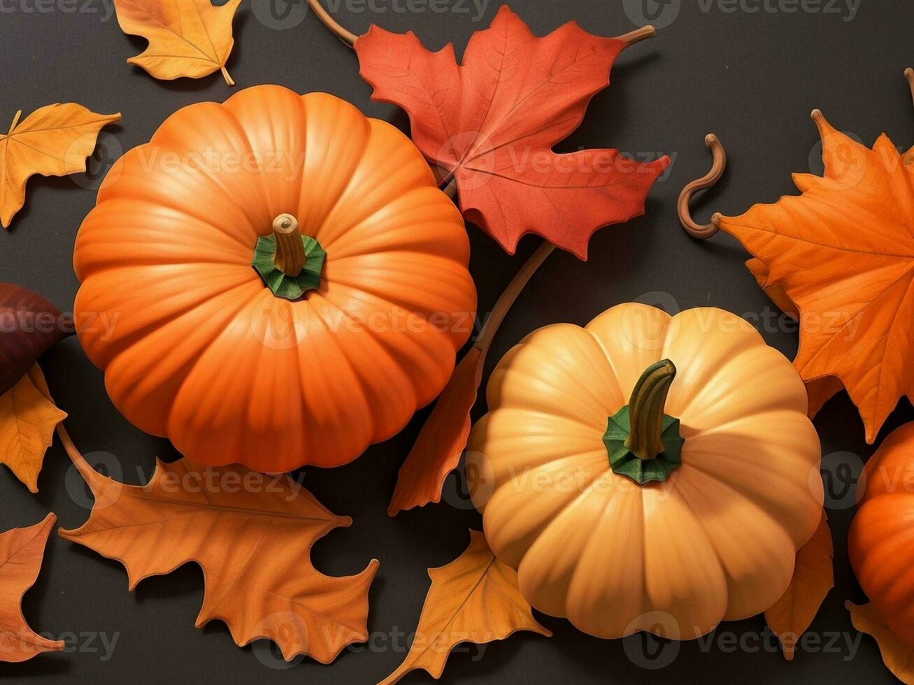 Pumpkins and autumn leaves on black background. Top view. photo