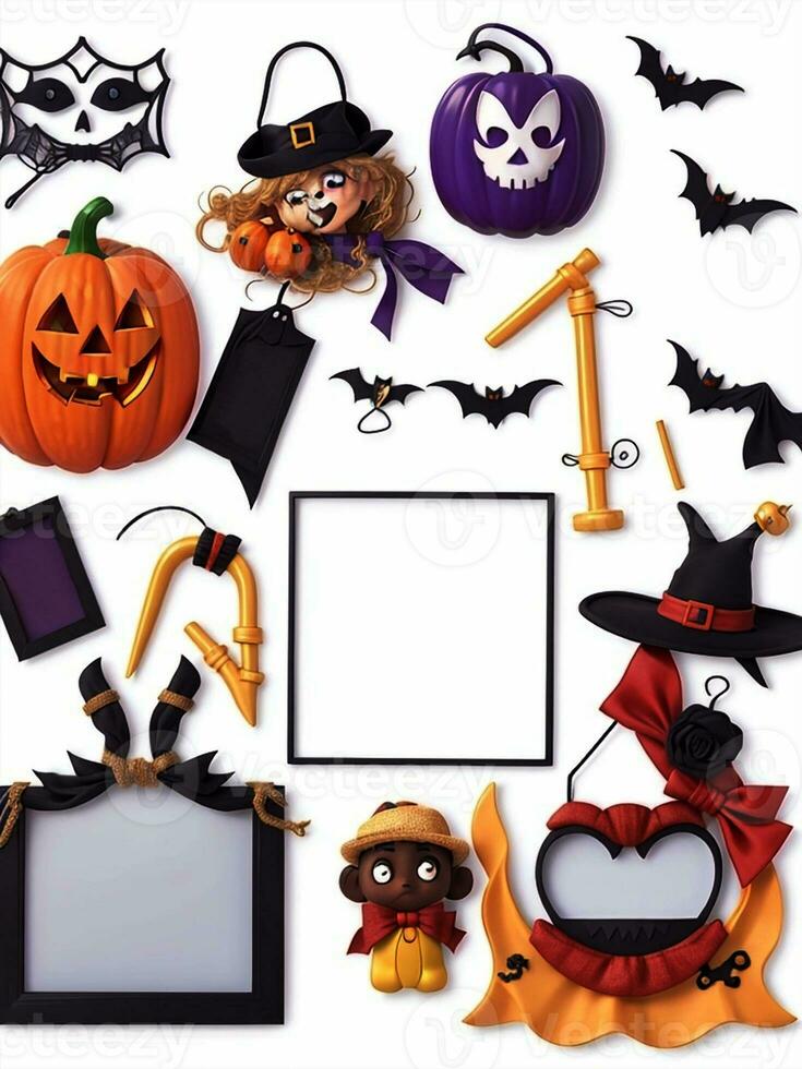 Halloween background with pumpkins, spiders, bats, witch hat and blank photo frame