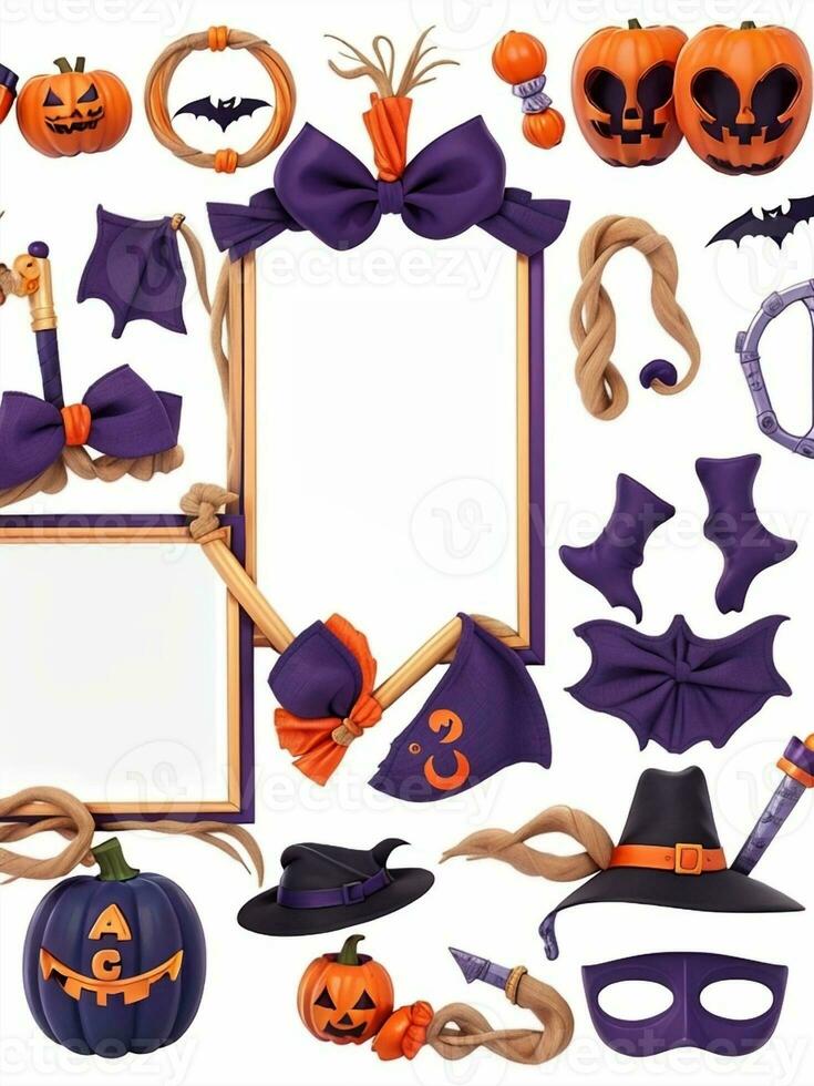 Halloween frame with pumpkins, spiders, bats and hat. photo
