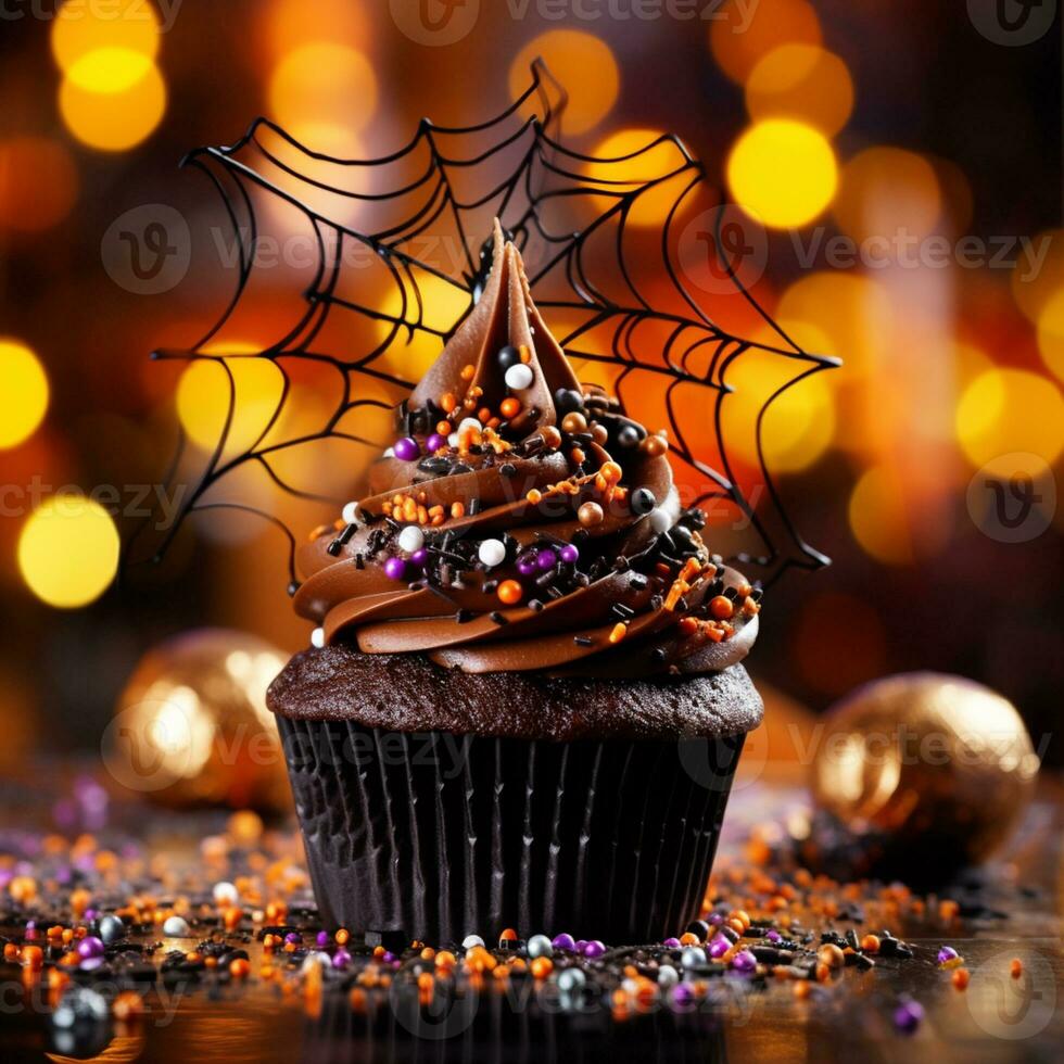 Festival halloween cupcake on a plate on a background of halloween lights bokeh photo