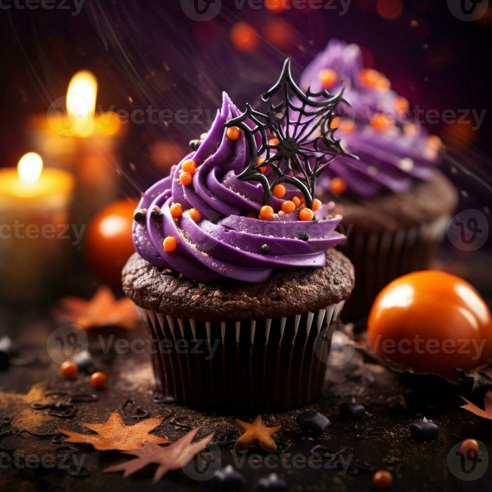 Festival halloween cupcake on a plate on a background of halloween lights bokeh photo