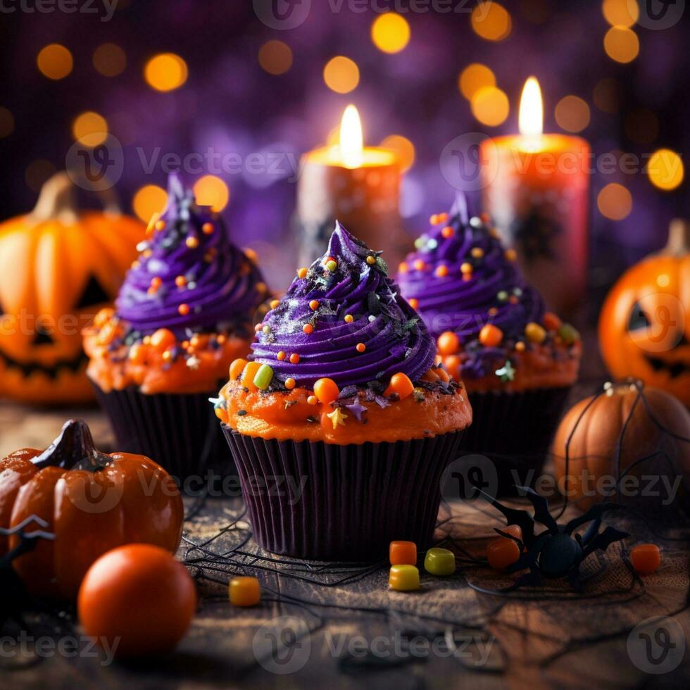 Festival halloween cupcake on a plate on a background of halloween lights bokeh photo