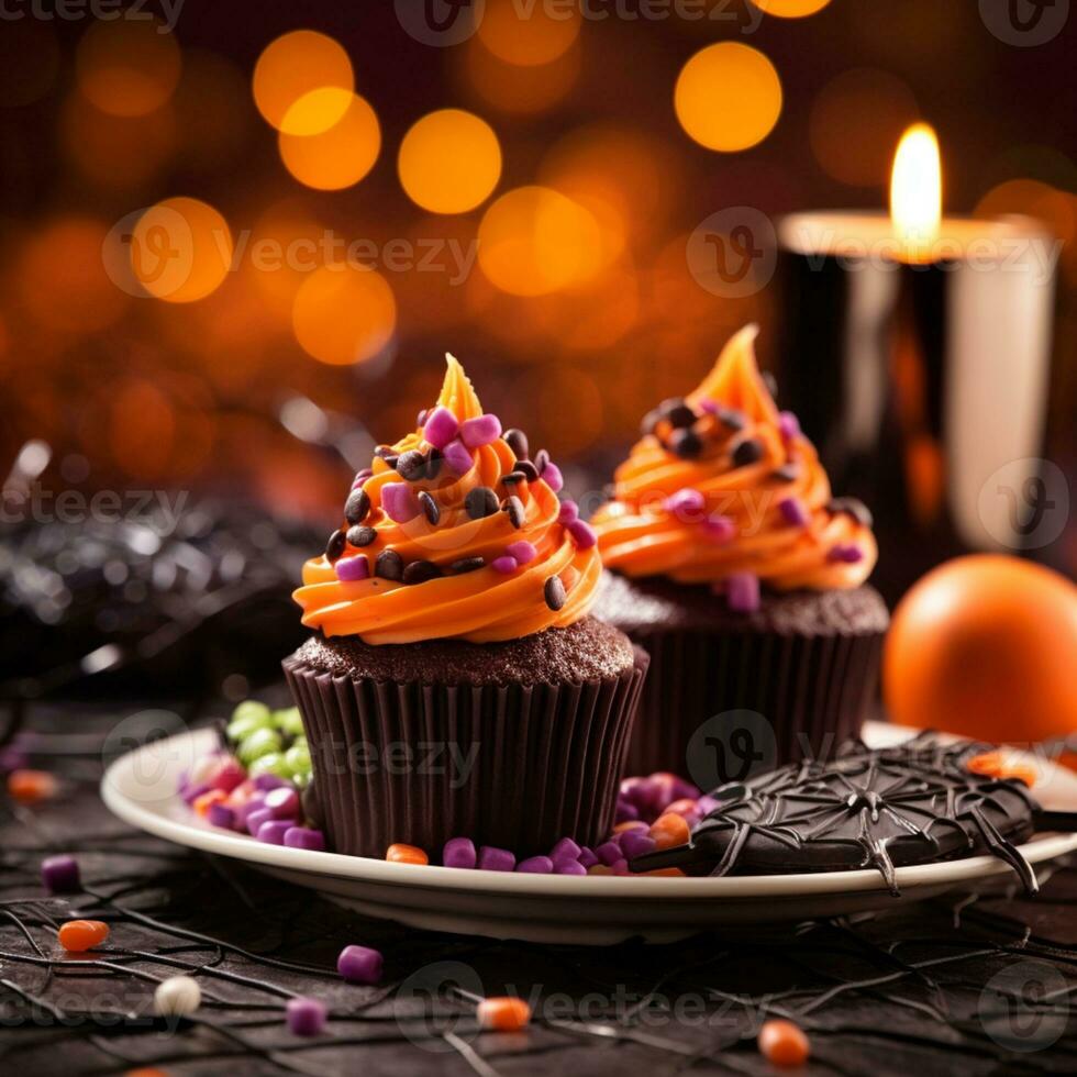 Festival halloween cupcake on a plate on a background of halloween lights bokeh photo